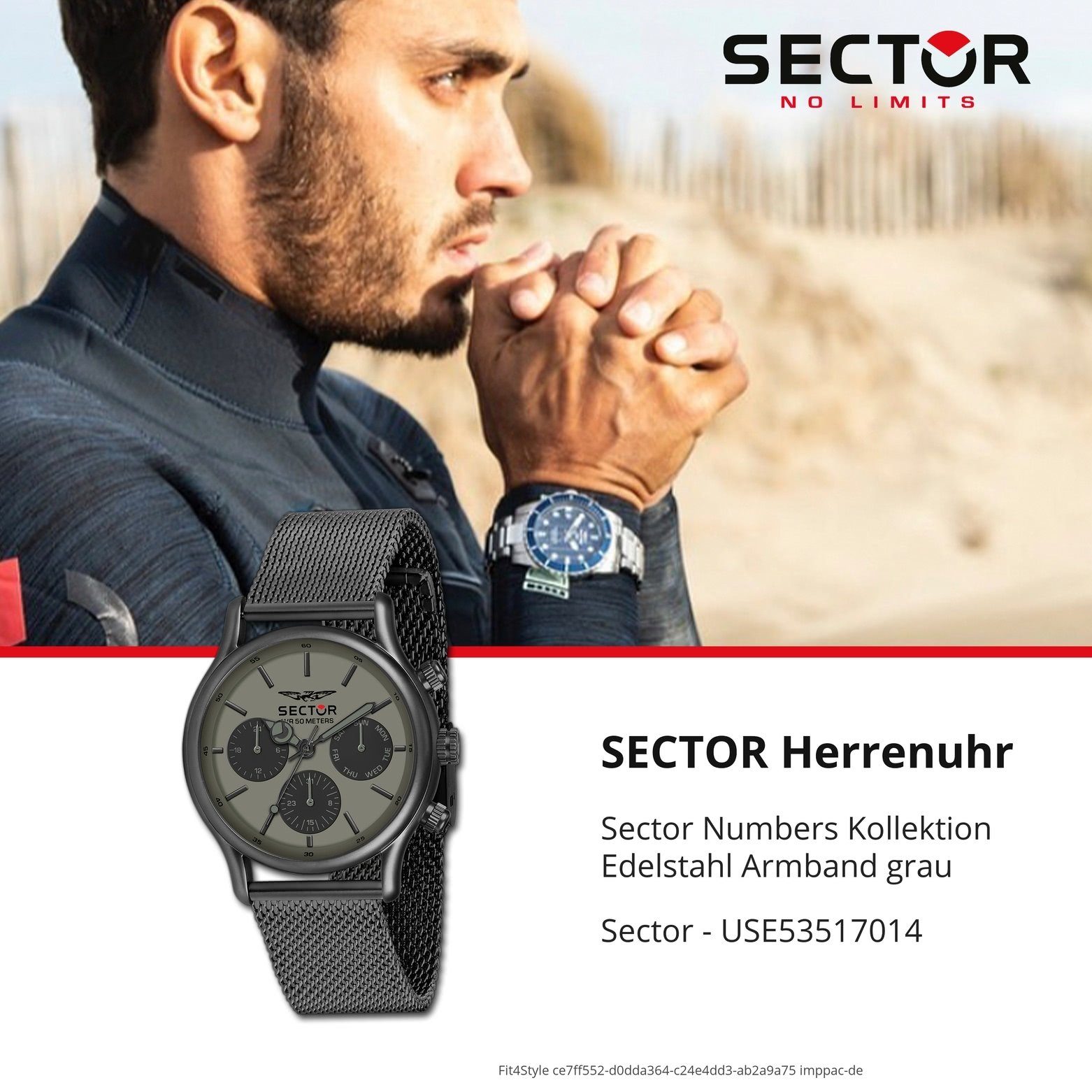 Sector Multifunktion, (ca. rund, Herren groß extra 43,5x36,1mm), Armbanduhr Sector Herren Multifunktionsuhr Armbanduhr Edelstahlarmband