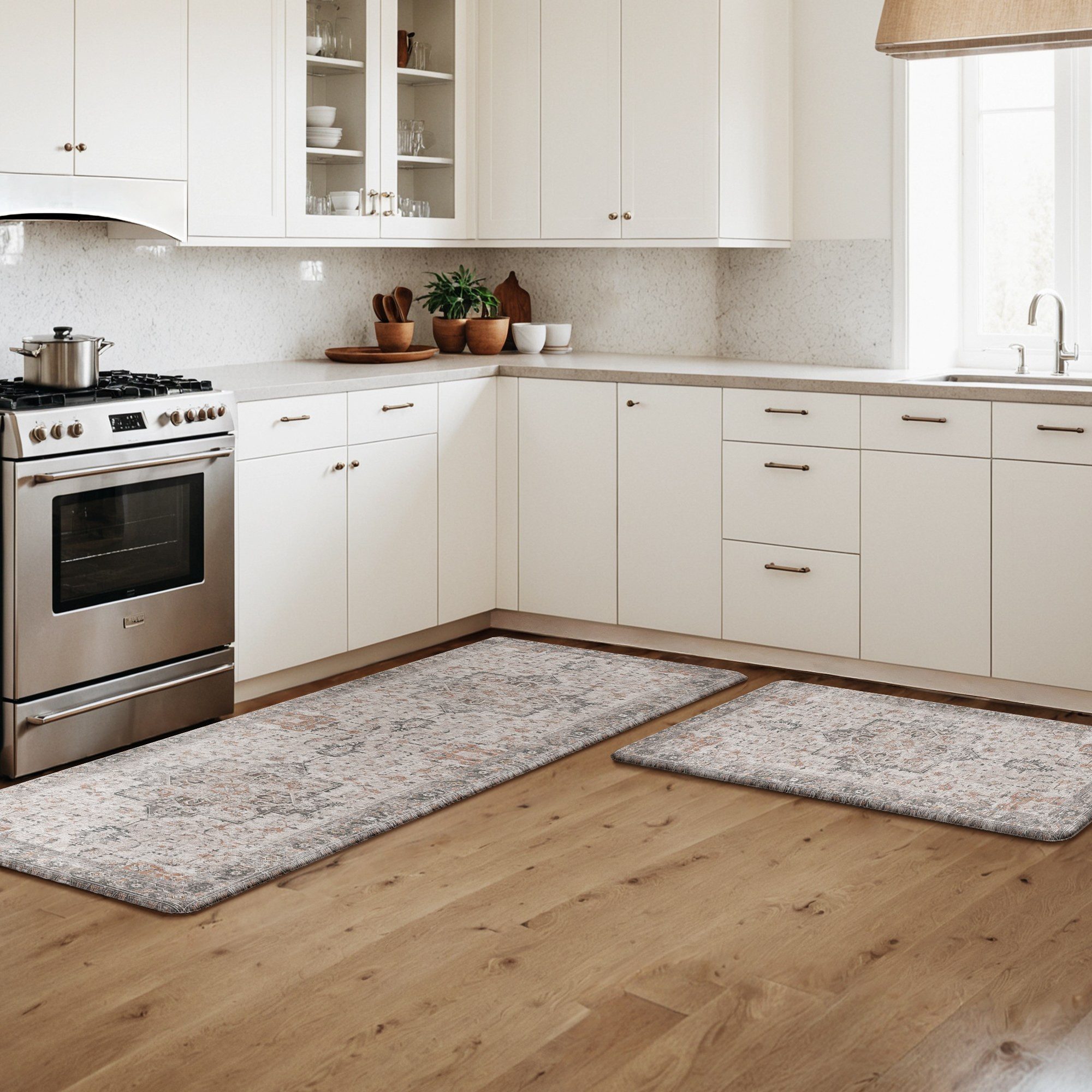 GENIMO Teppich 2er Set PVC NO-Pile Küchenteppich, Ermüdungsmindernde Küchenläufer, rechteckig, 43x119cm&43x76cm, grau