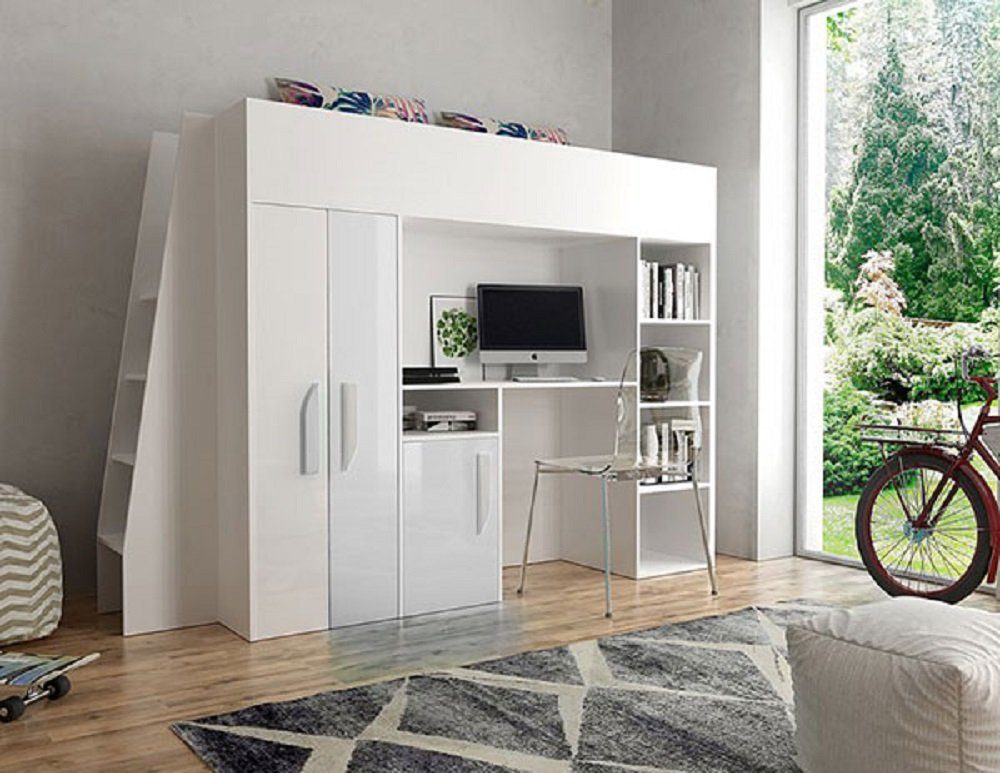Feldmann-Wohnen Hochbett PARTY (Etagenbett, mit Schrank und Schreibtisch) Farbe wählbar weiß / weiß Hochglanz - Griffe weiß