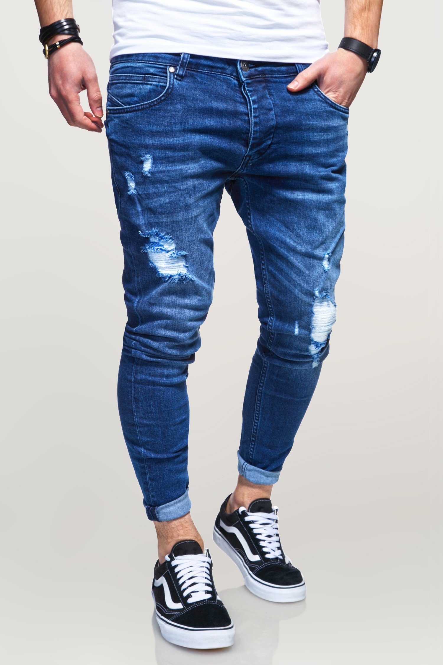 blau mit Slim-fit-Jeans ODIN Destroyed-Parts behype