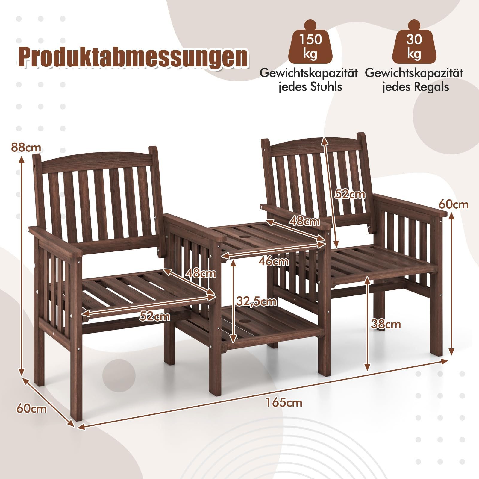 COSTWAY Gartenbank, mit Tisch, 2-Sitzer Bank mit 5cm Schirmloch, bis 330 kg