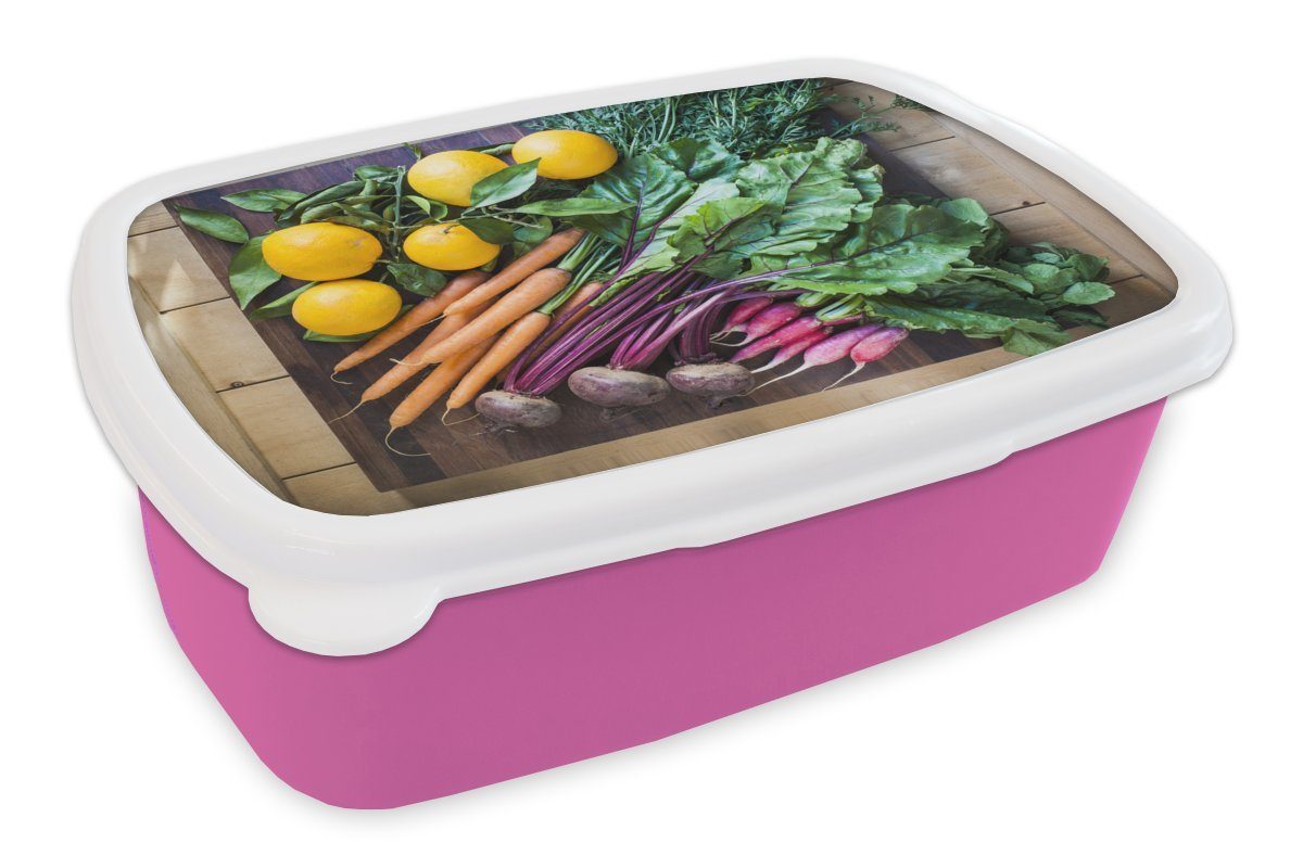 MuchoWow Lunchbox Gemüse - Obst - Holzkiste, Kunststoff, (2-tlg), Brotbox für Erwachsene, Brotdose Kinder, Snackbox, Mädchen, Kunststoff rosa