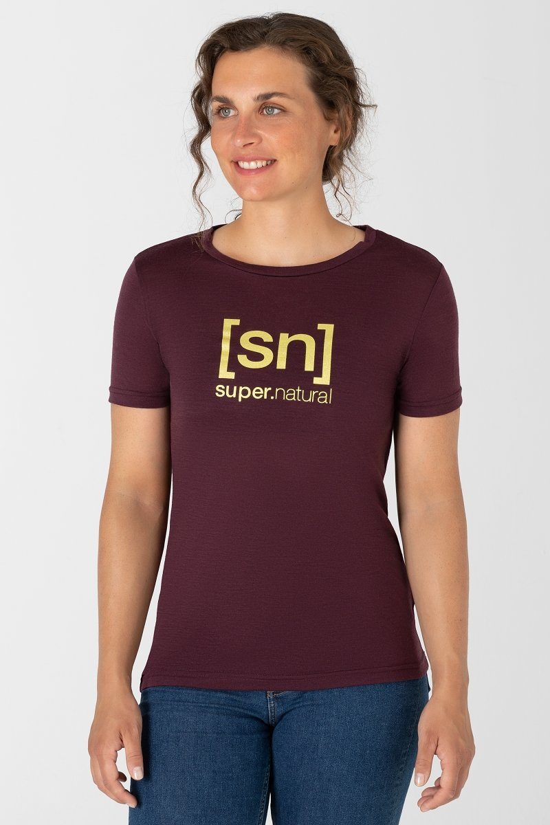 SUPER.NATURAL Wine ESSENTIAL LOGO Tasting/Gold Print-Shirt Merino-Materialmix TEE W pflegeleichter Merino T-Shirt THE