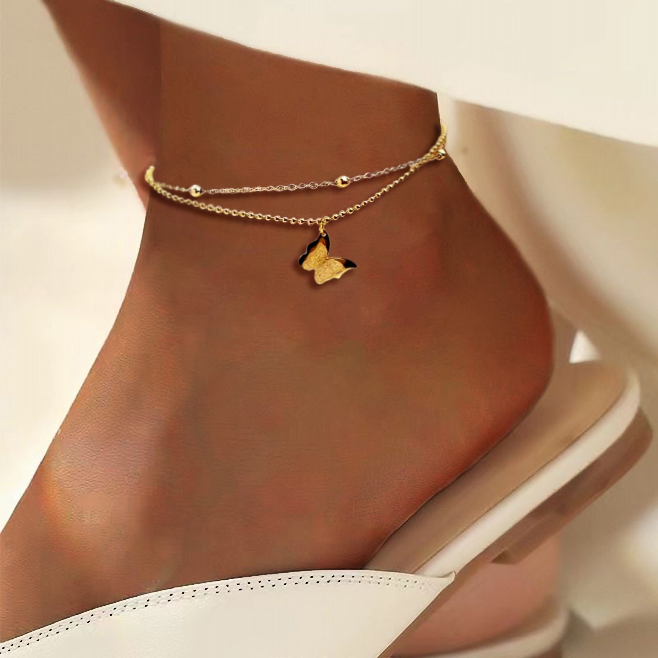 Eyecatcher Fußkette Elegantes Mehrreihiges Fußkettchen aus Edelstahl mit Schmetterling 20 (kein Set, kein Set)