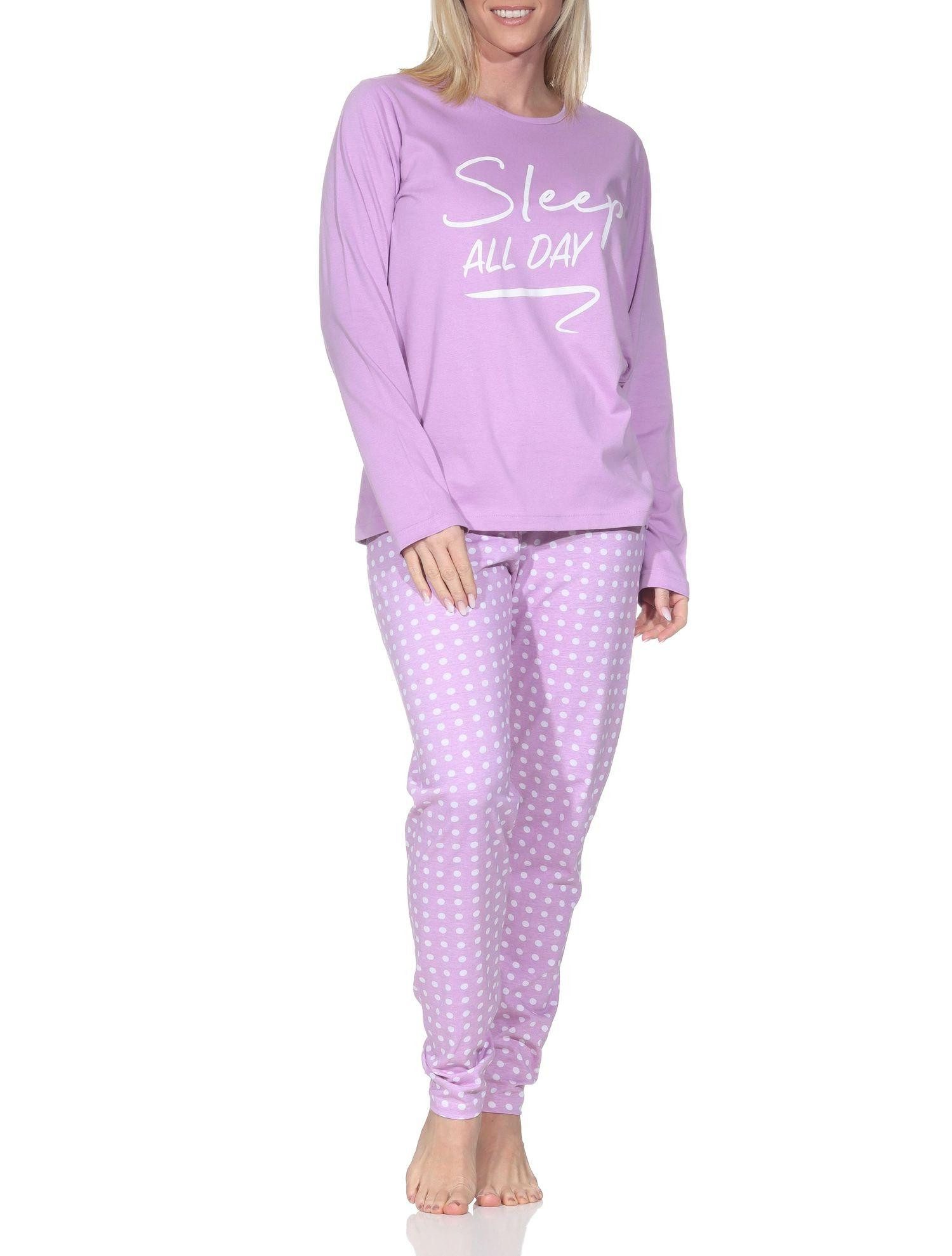 Normann Pyjama Normann Damen Schlafanzug langarm mit Punkte Pyjamahose und Frontprint