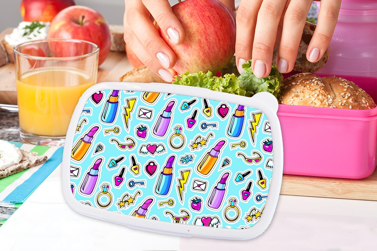 MuchoWow Lunchbox Kunststoff Design Brotbox Brotdose für Erwachsene, Schminke (2-tlg), Snackbox, Kinder, - Kunststoff, - Aufkleber Mädchen, Ringe, rosa 
