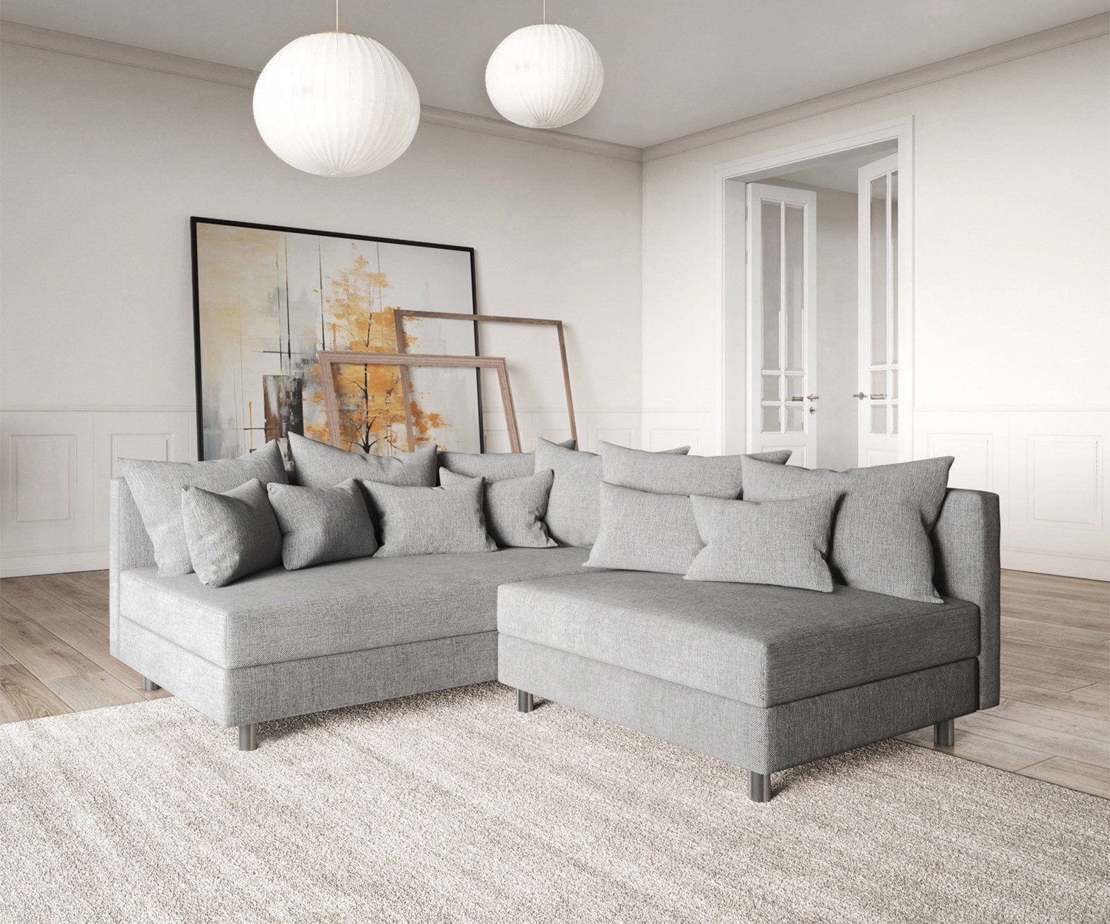 DELIFE Ecksofa Clovis, Grau Flachgewebe Ottomane günstig online kaufen