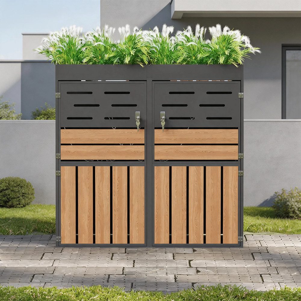 OKWISH Geräteschrank Geräteschrank aus verzinktem Stahl mit integriertem Pflanzkasten (Lamellenbelüftung und abschließbaren Türen inkl. Sicherungskette(ohne Abfalleimer), 2-St., Gartenschrank)