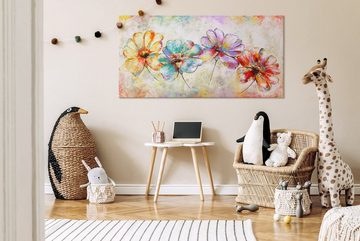 YS-Art Gemälde Schöne Blumen, Blumen, Bunte Blumen auf Leinwand Bild Handgemalt Gold