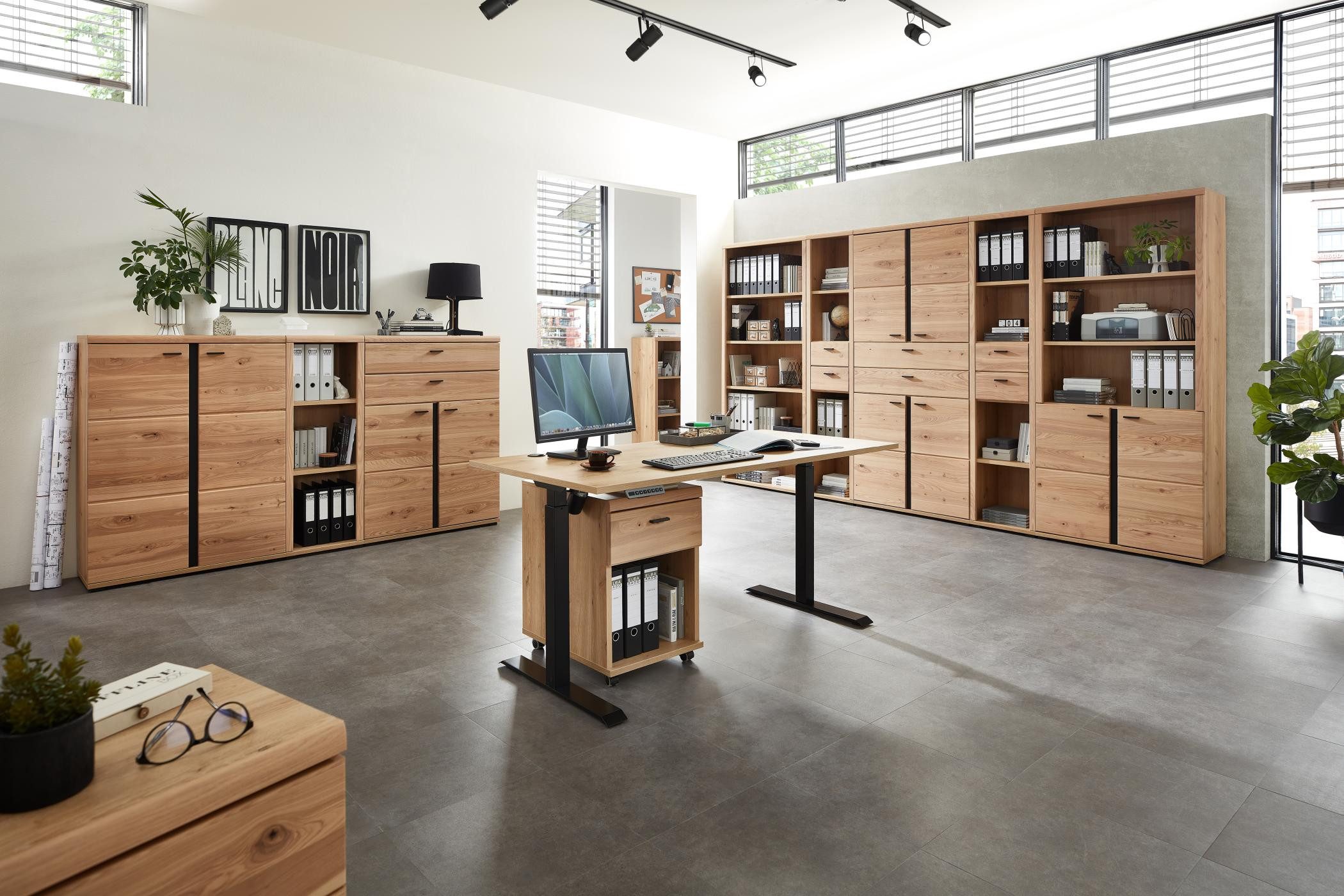 Innostyle Büromöbel-Set Komplettbüro SONOS I 10-teilig Front Altesche Massivholz gebürstet, (Komplett-Set, 10-tlg., 4x Schrank, 4x Regal, 1x Schreibtisch, 1x Rollcontainer)
