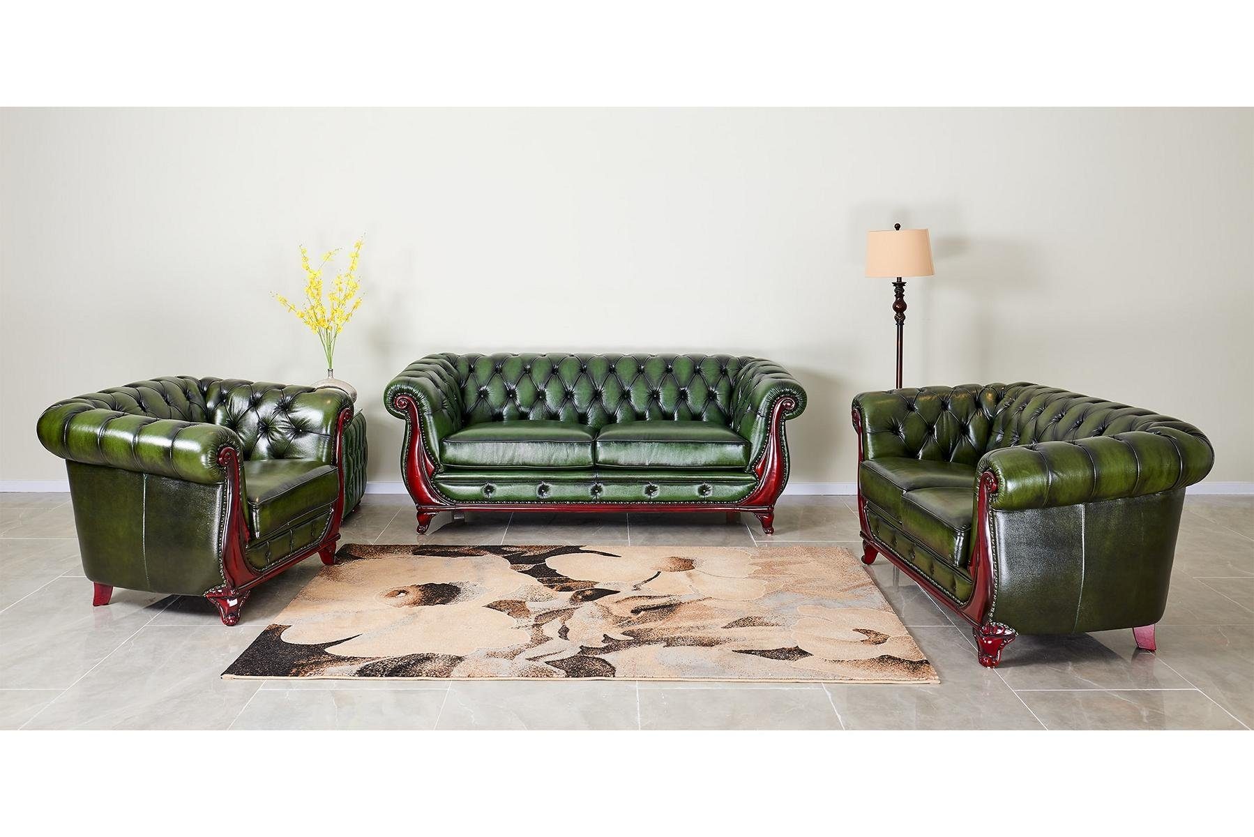 Salottini Polstergarnitur Chesterfield Manchester Sofagarnitur Leder 3/2/1 Grün, (3-tlg), Federkern | Couchgarnituren