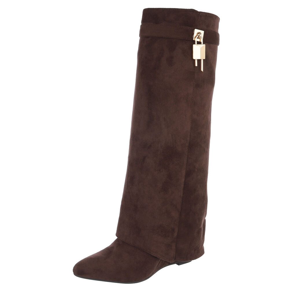 Ital-Design Damenstiefel mit hohem Schaft und Schmuckdetail Keilstiefel (92125463) Keilabsatz/Wedge Stiefel in Braun