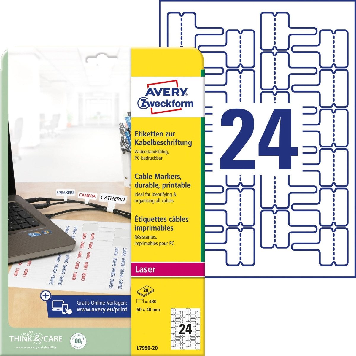 Etiketten Etiketten zur Kabelbeschriftung 60x40 mm 20 Blatt/480 Etiketten weiß