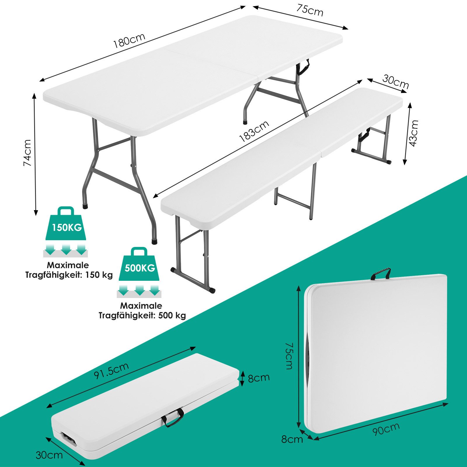 TLGREEN Bierzeltgarnitur Klappbar 3-teilig, 1 Biertisch + 2 Bierbank, (Wetterfest Gartenmöbel Set mit Tragegriff, HDPE+Stahlrohr Campingtisch Outdoor), für Grillveranstaltung/Camping/Gartenparty (Bis zu 10 Personen)