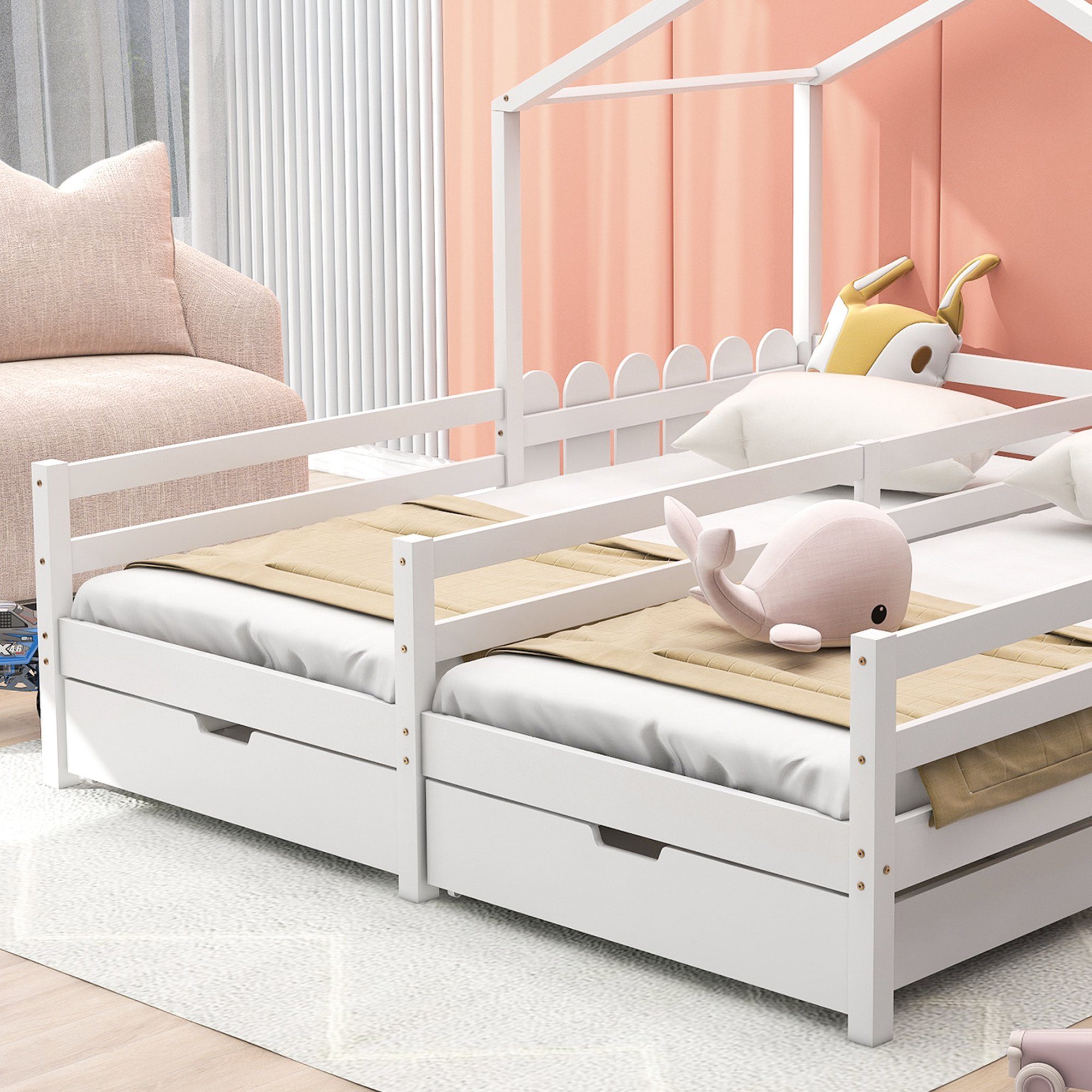 Flieks Massivholzbett, Hausbett Kinderbett Doppelbett 2 Schubladen 200x90cm