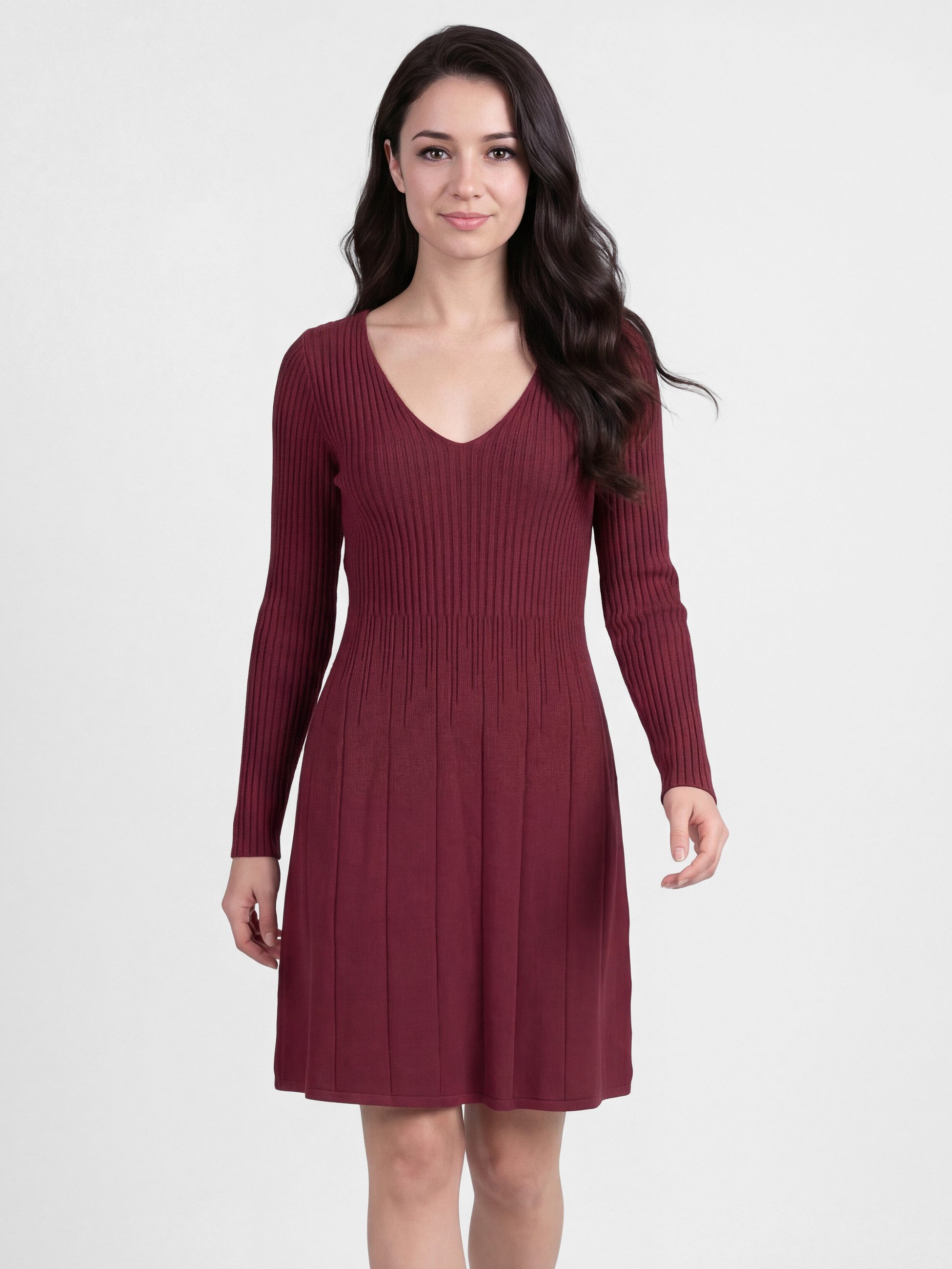 PEKIVESSA Strickkleid Kurzes Ripp-Strickkleid tailliert mit feminin tiefem V-Ausschnitt