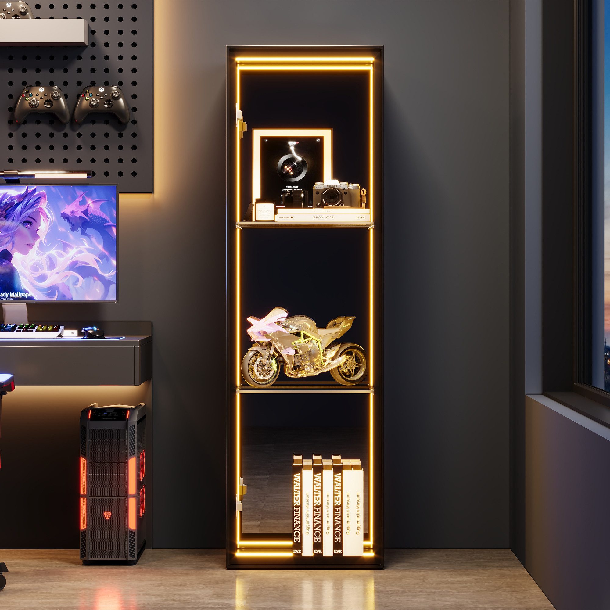 Flieks Glasvitrine mit LED-Lichtleiste, 2 verstellbaren Glaseinlegeböden & Spiegelwand (30x30x90 cm, Glastür mit Soft-Close-Funktion, 1-St., Eckvitrine mit verspiegelter Rückwand & 3 Ebenen) Multifunktionaler Hochschrank Standvitrine Eckschrank mit 3 Fächern