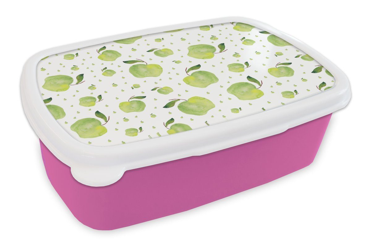 MuchoWow Lunchbox Äpfel - Grün - Muster, Kunststoff, (2-tlg), Brotbox für Erwachsene, Brotdose Kinder, Snackbox, Mädchen, Kunststoff rosa
