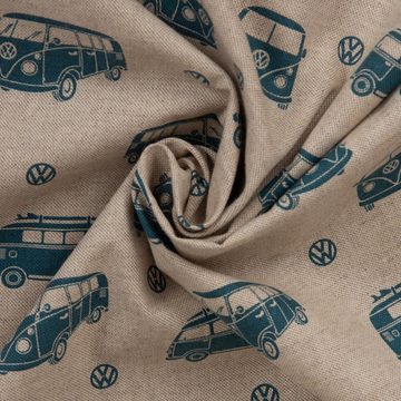 SCHÖNER LEBEN. Stoff Dekostoff Leinenlook Lizenzstoff VW Bus Bulli natur petrol blau 1,40m