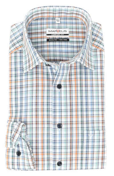 MARVELIS Businesshemd »Businesshemd - Comfort Fit - Langarm - Kariert - Blau/Orange/Weiß«