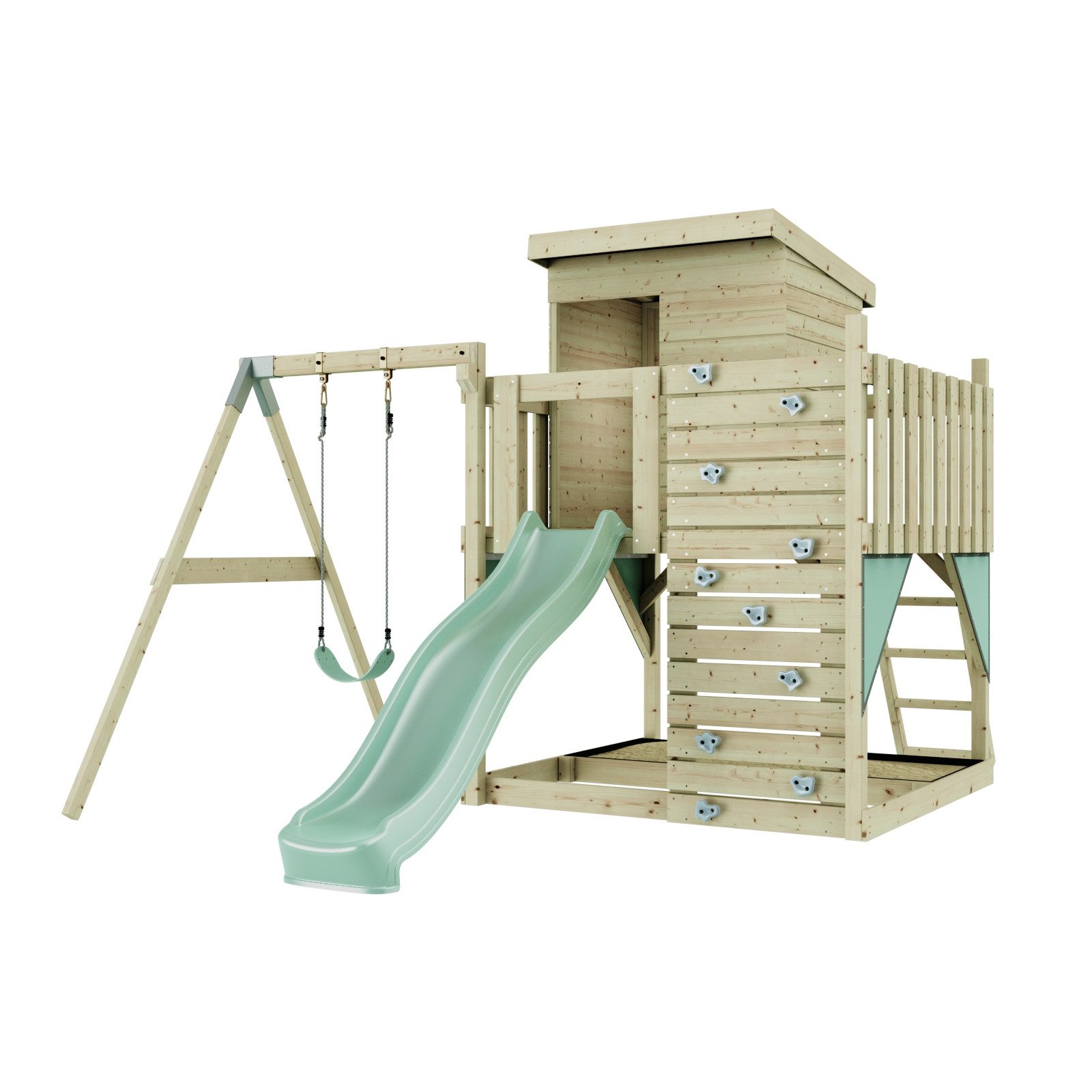 OutdoorToys Spielturm Alma aus Holz in Mintgrün mit Kinderschaukel & Rutsche, Kletterwand, aus Holz in Mintgrün mit Kinderschaukel & Rutsche, Kletterwand