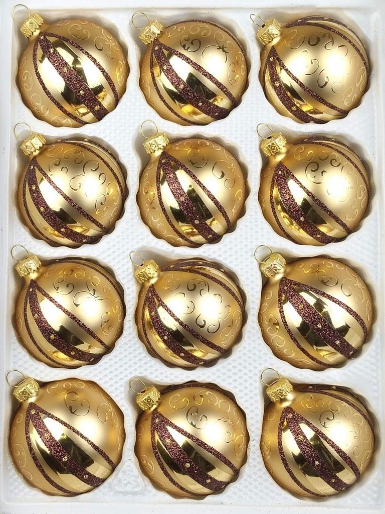 Navidacio Weihnachtsbaumkugel 12tlg Glas-Weihnachtskugel Set "Gold Traum Spezial Glanz/Matt Ornam."