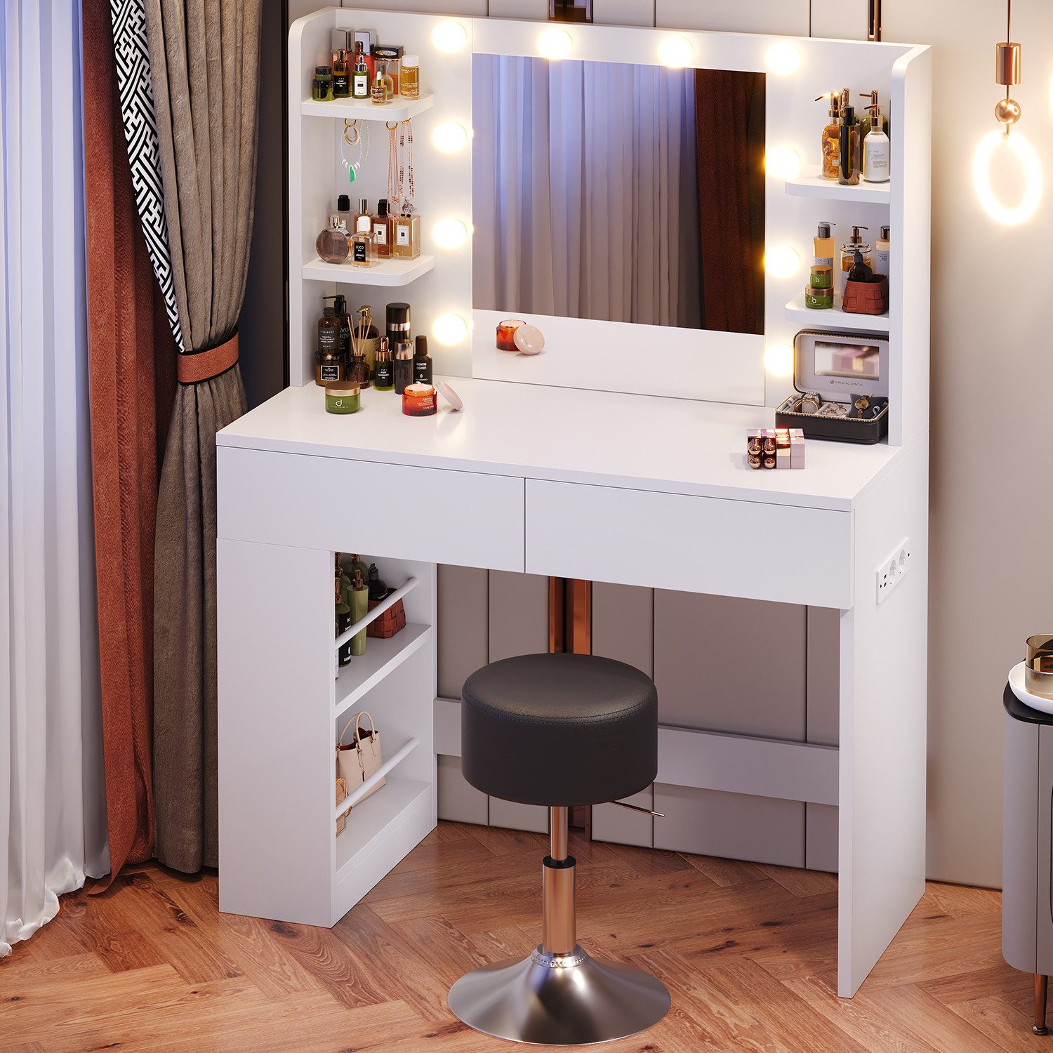 HOMALL Schminktisch mit Spiegel, LED-Beleuchtung, einstellbare Helligkeit, ostern (Langex Brete x Hthe) 90/110 x 40x 135 cm. B ofene Facher (2 seitiche Facher s – Bild 3 von 5