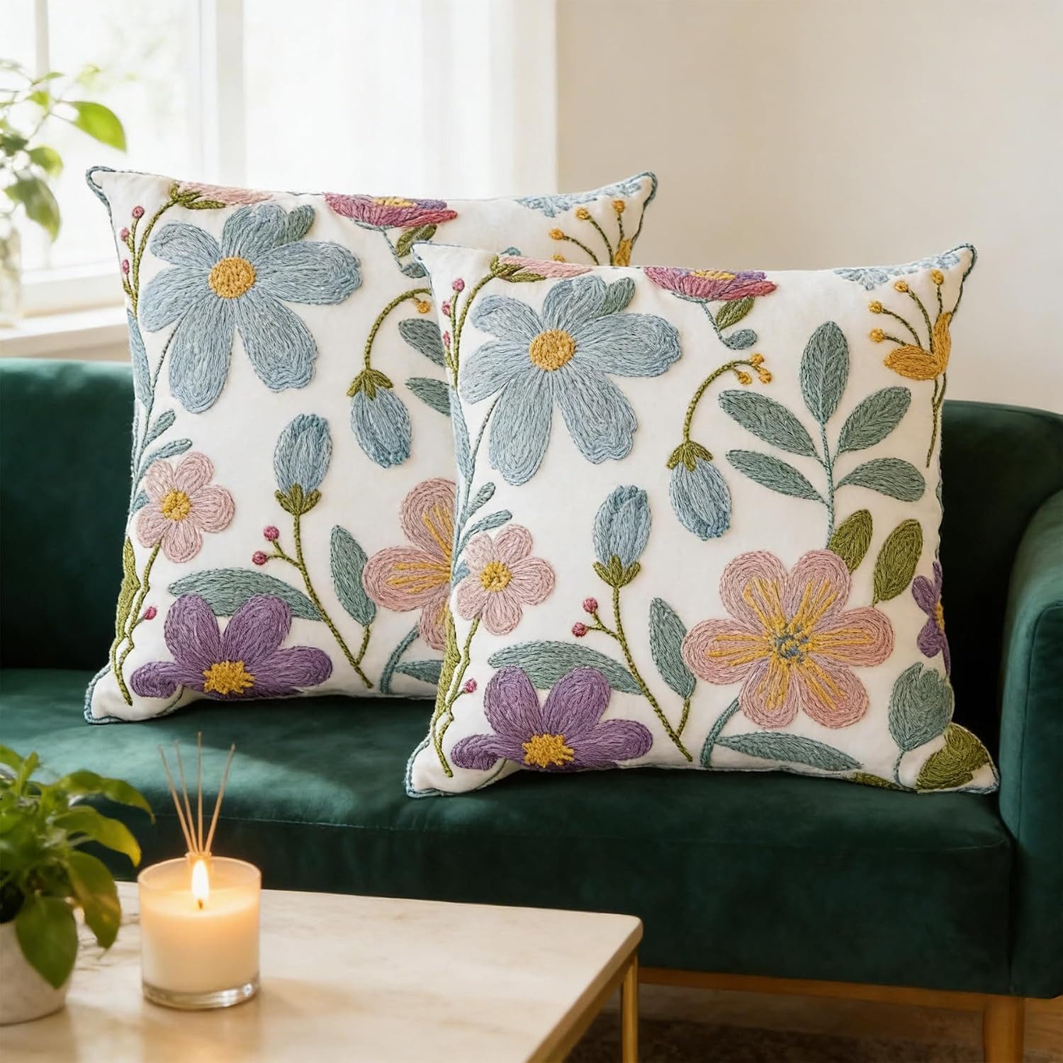 FOUORTUNATE-BEE Kissenbezüge Kissenbezüge 45x45 cm 2er Set mit bunten Blumenstickereien Deko, Dekokissenbezüge mit Blumenmuster für Sofa Bett Sessel und Bank – Bild 2 von 5