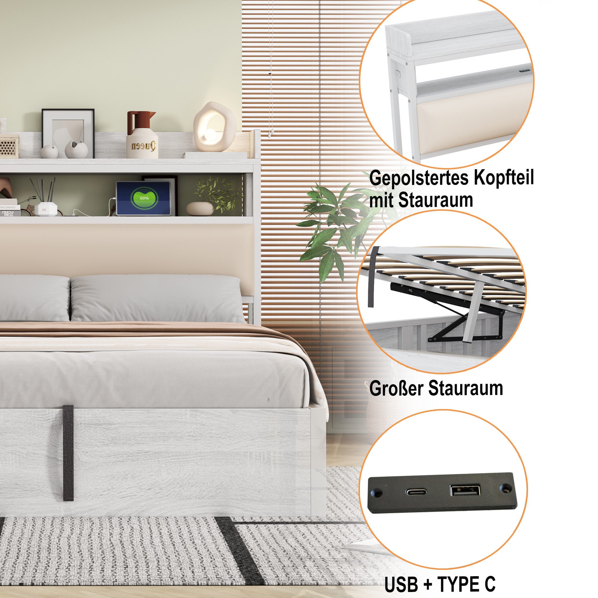 Odikalo Stauraumbett Polsterbett Jugendbett Hydraulik Stauraum USB 90-180x200cm Braun/Weiß