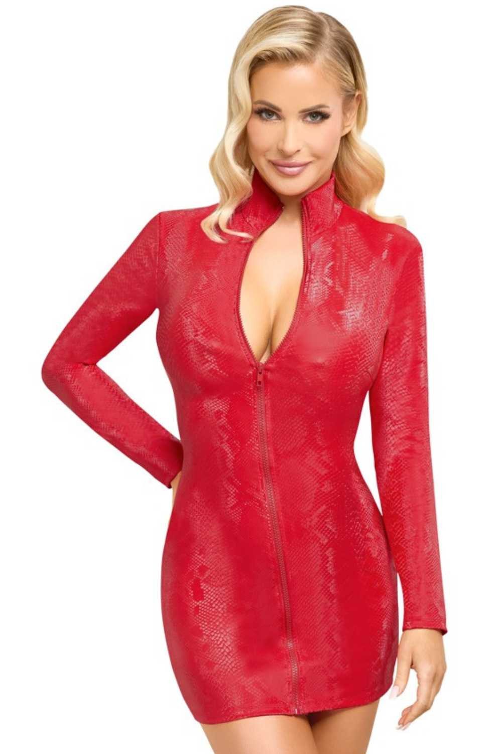 Cottelli Collection Minikleid Kleid Schlangenhaut-Optik Stehkragen langarm rot
