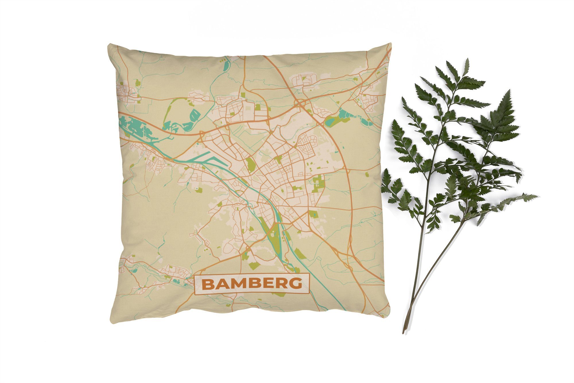 Füllung MuchoWow Karte Karte Bamberg Vintage, Dekokissen Stadtplan - - Zierkissen Sofakissen Wohzimmer, für - - Schlafzimmer, Deko, mit