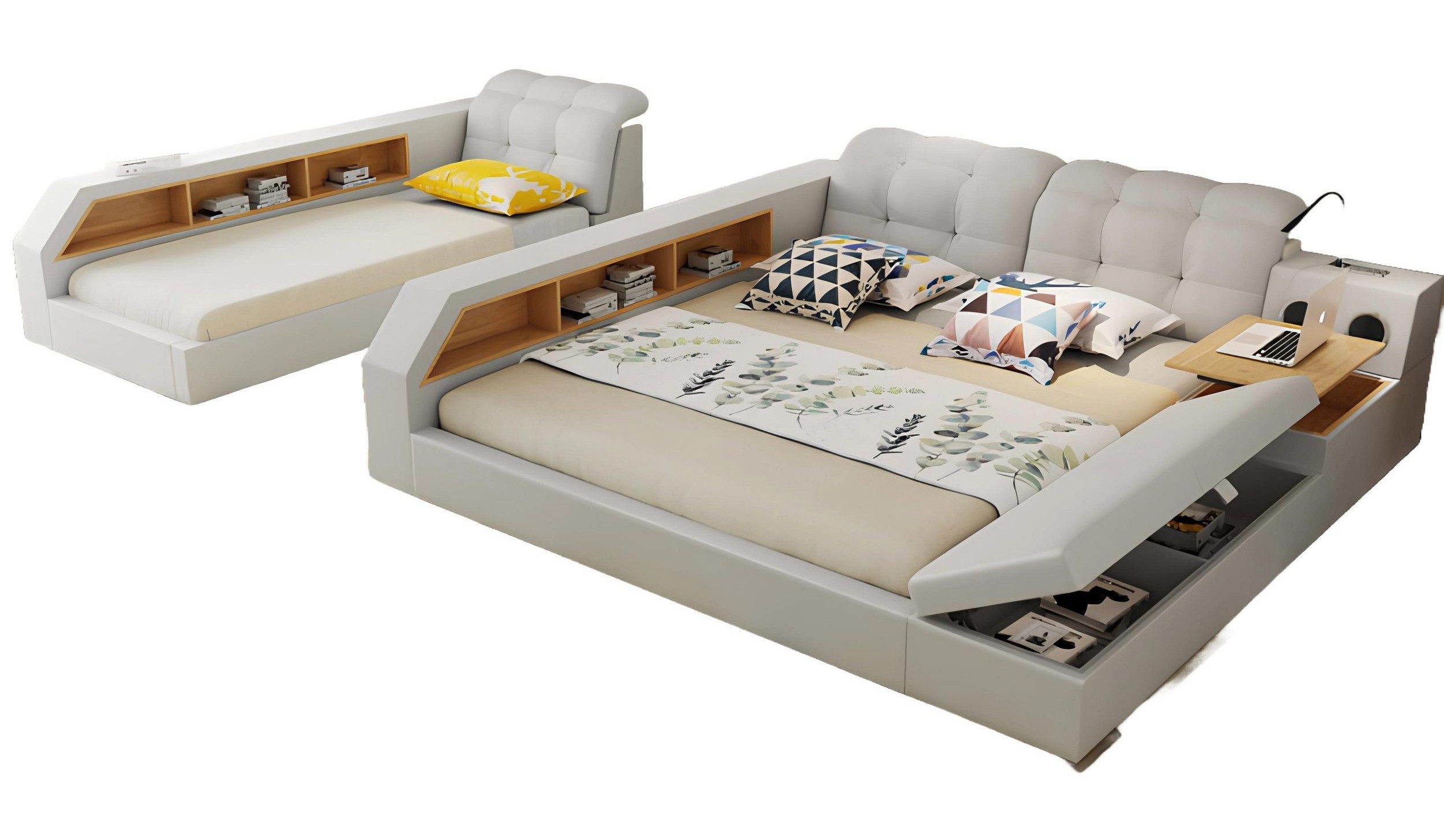 Xlmoebel Multimediabett Luxuriöses Lederbett mit integriertem Ablage-Regal (Multifunktions Bett), Hergestellt in Europa
