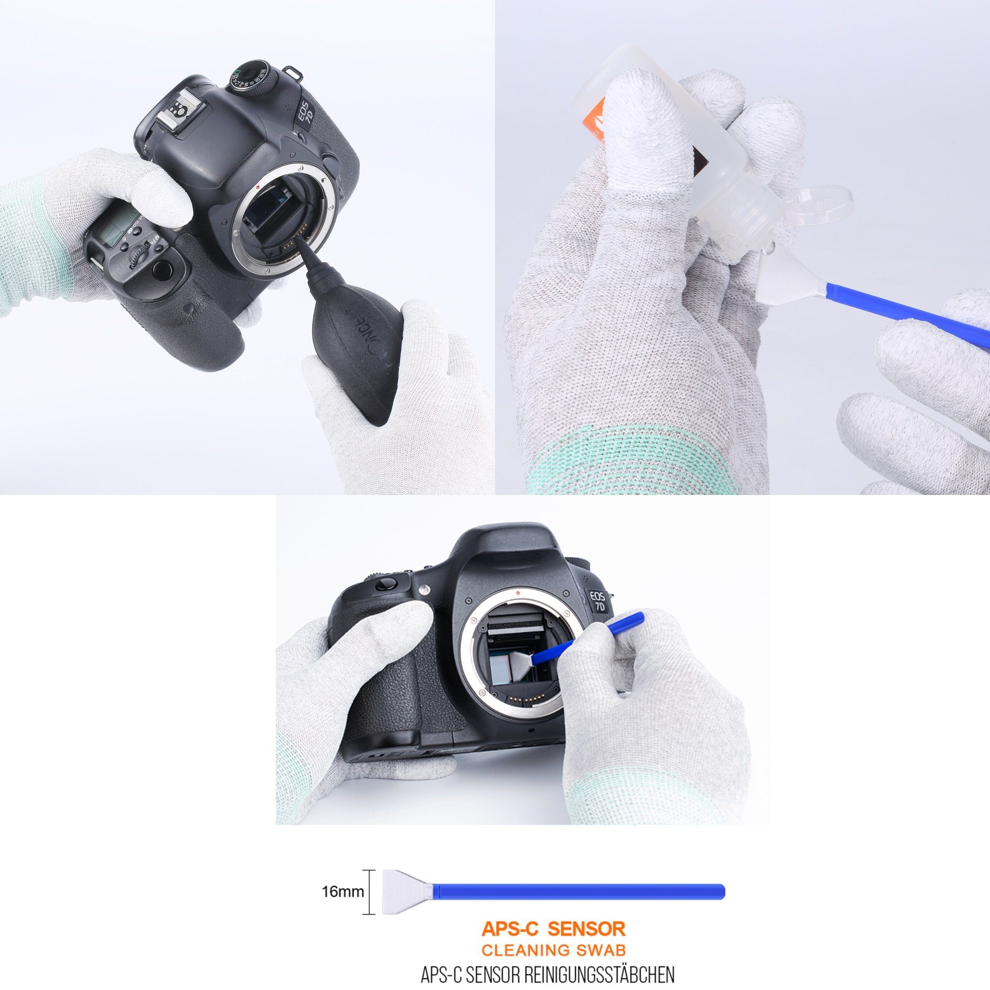 Reiniger Reinigung APS-C KF Kamerazubehör-Set 20x Minadax Handschuhe Sensor Swabs