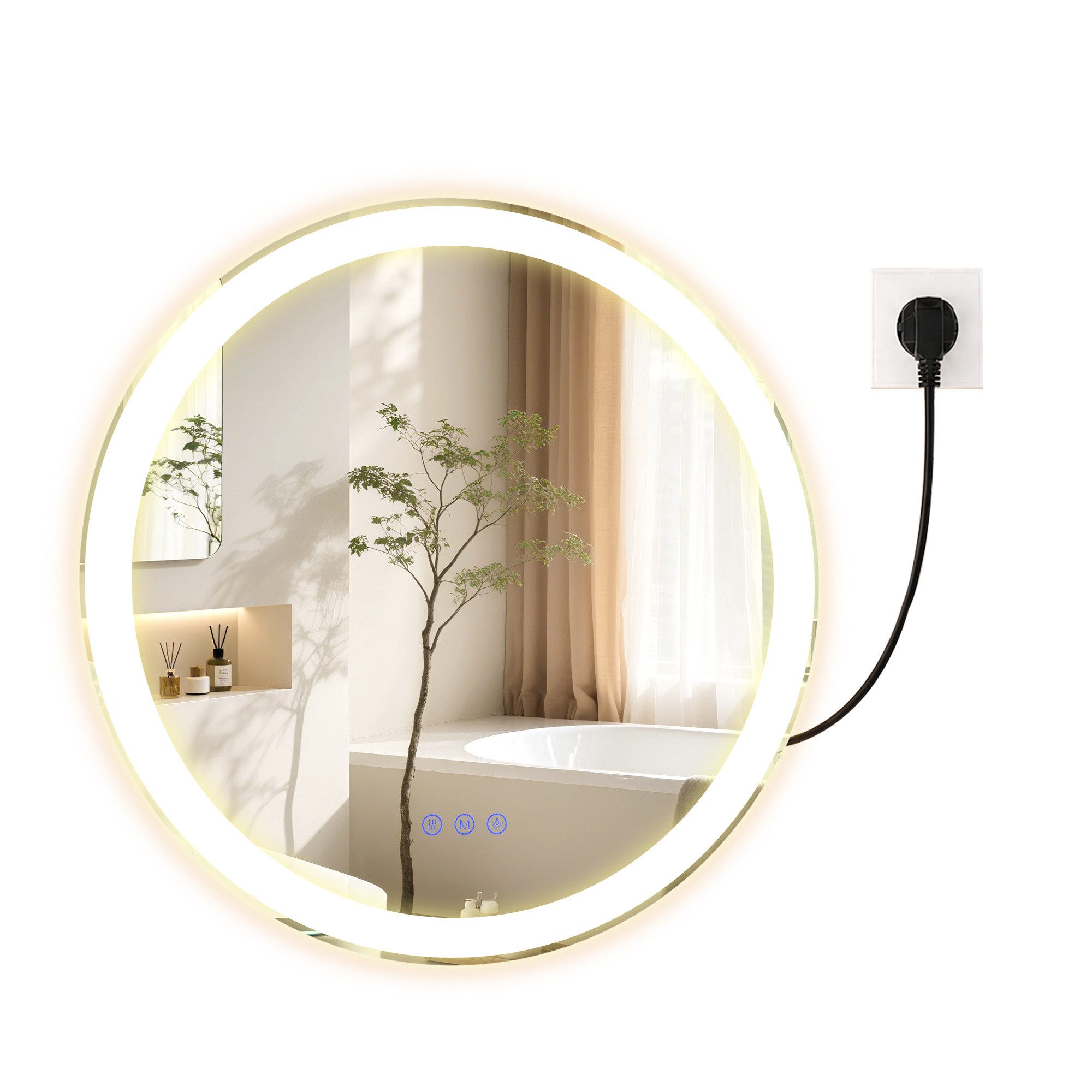 SONGMICS Wandspiegel Runder/Rechteckig Badspiegel, Anti-Beschlag, LED-Licht, dimmbar, 3Modi, Wählbar im Durchmesser 51 cm oder 61 cm
