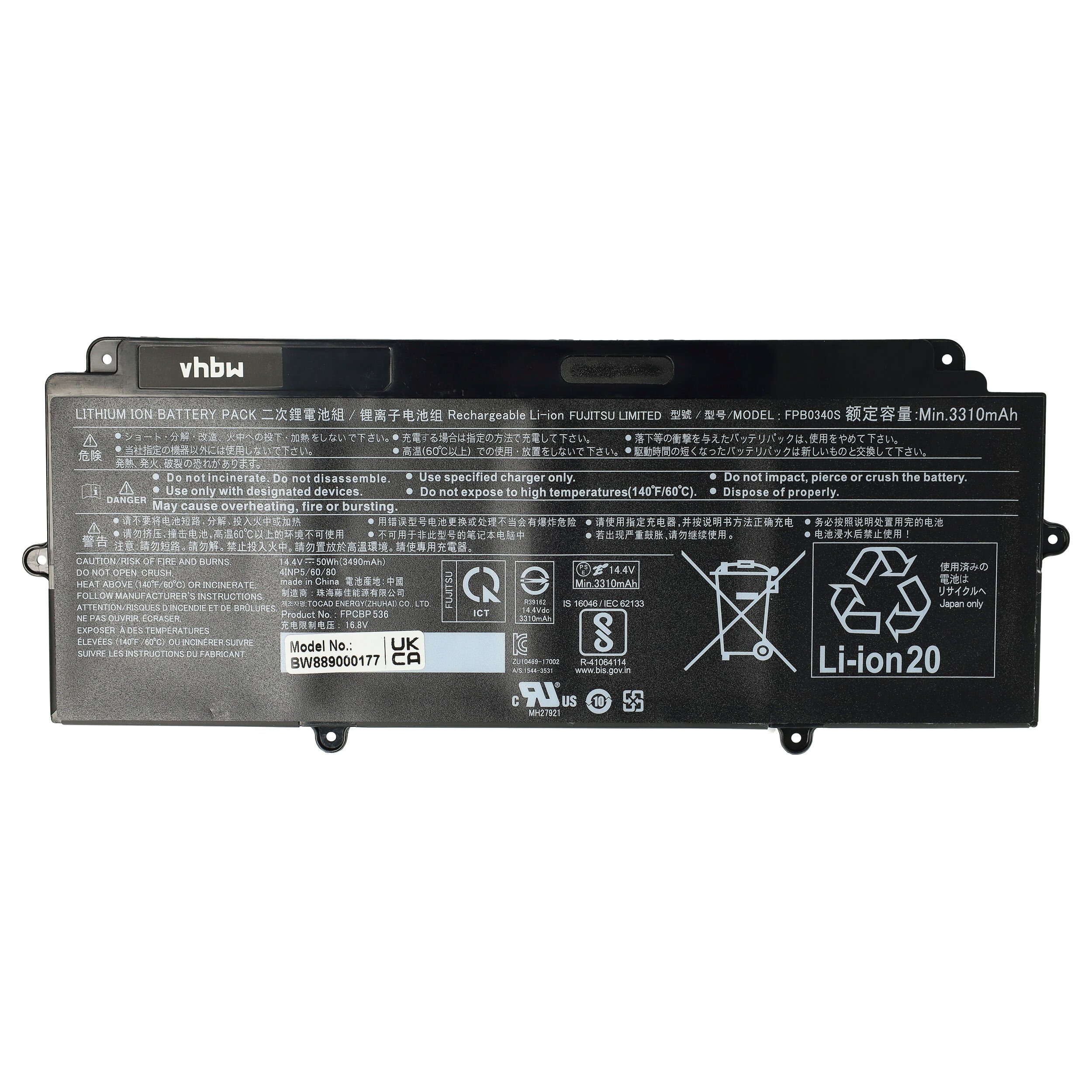 vhbw kompatibel mit Fujitsu LifeBook U939X (VFY U939XMPR77DE) Laptop-Akku Li-Ion 3490 mAh (14,4 V)