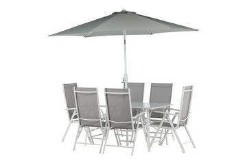 BOURGH Garten-Essgruppe BREKKI Esstischgruppe mit Tisch, 6 Stühlen & Sonnenschirm, (8-tlg), in weiß Aluminium Gestell