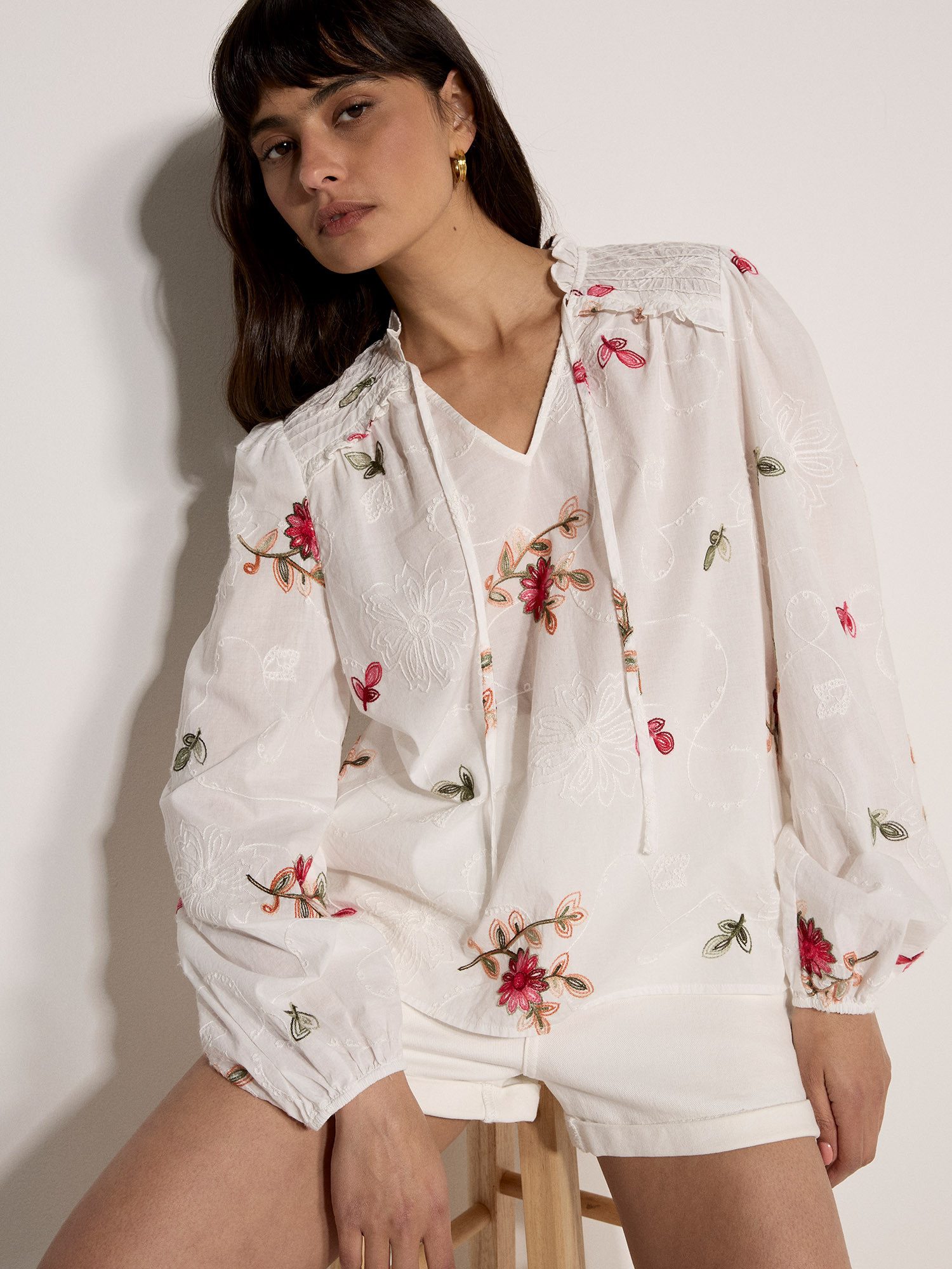 Apricot Blusentop Geblümte Bluse mit Stickerei