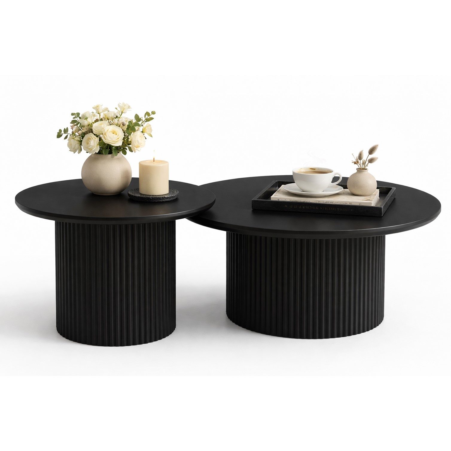 HOOZ Couchtisch Wohnzimmertisch rund 2er Set Trommel Gestell Schwarz 80 & 60 cm (Set, 2-St., 2× Satztisch), Sofatisch mit geriffeltem Gestell – stabil & pflegeleicht