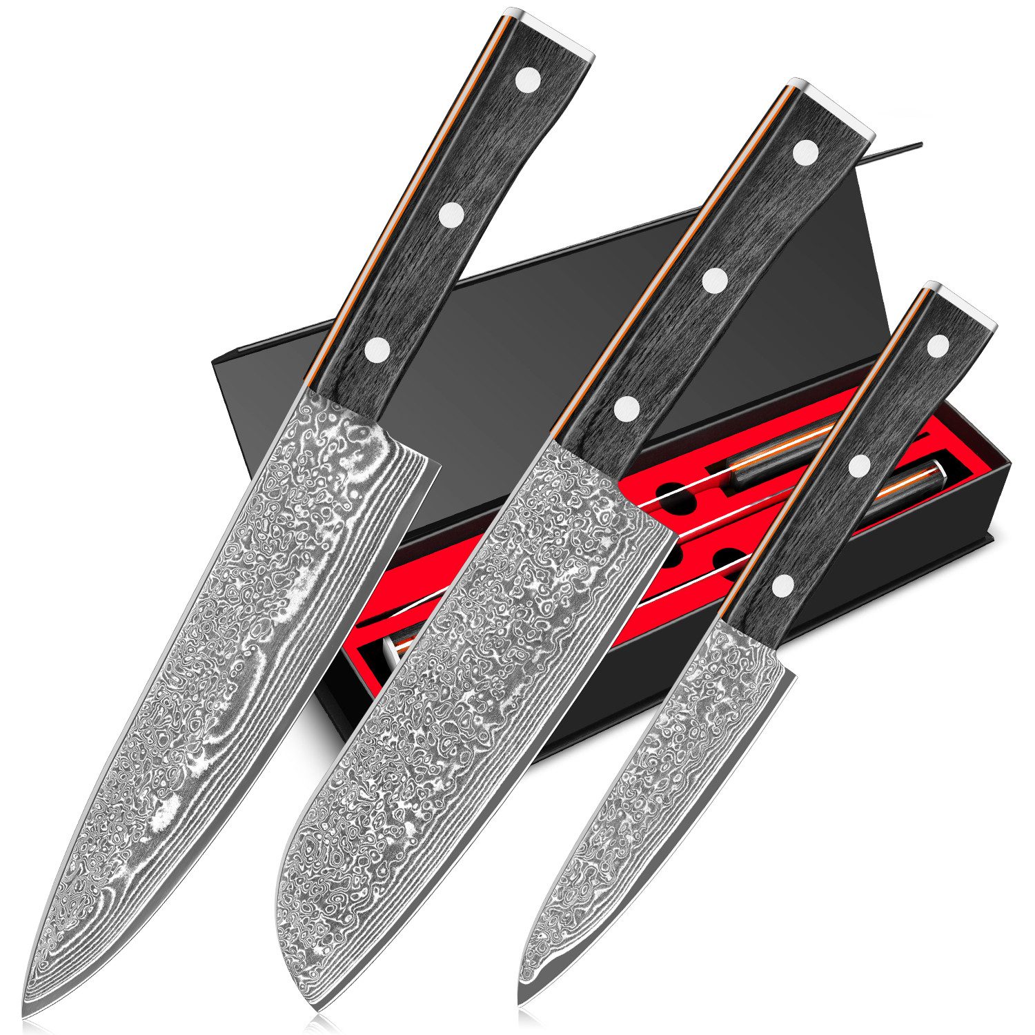 KingLux Messer-Set 3er Damastmesser-Set mit 12.5-20cm Klingen aus 67 Lagen Damaststahl (3-tlg)