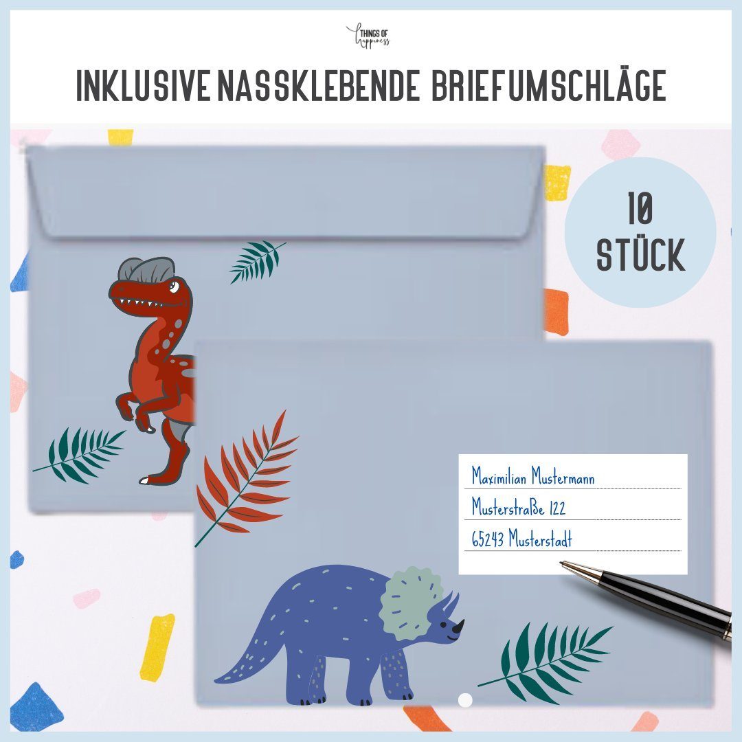 Things of Happiness Einladungskarten 10 Kindergeburtstag Einladungen inkl. Umschläge Tiere Feuerwehr, Dinosaurier Safari Reh Dschungel – Bild 3 von 5