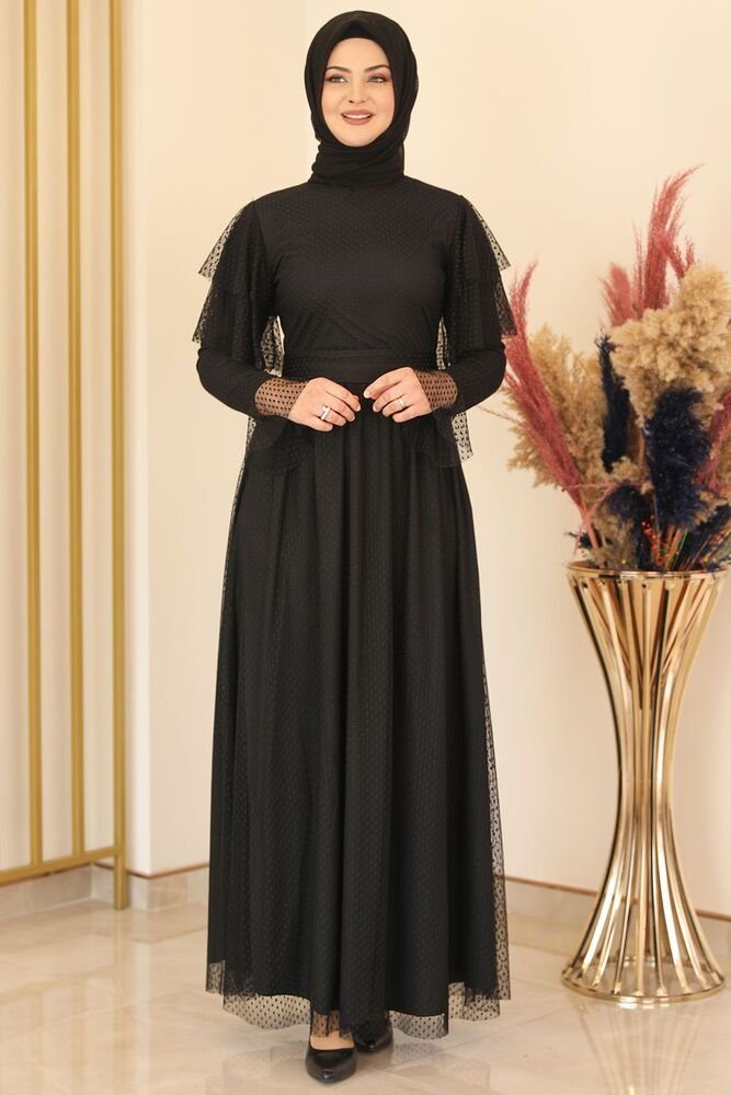 Modavitrini Tüllkleid Abendkleid aus gepunktetem Tüll Hijab Kleid Abiye Abaya Schwarz