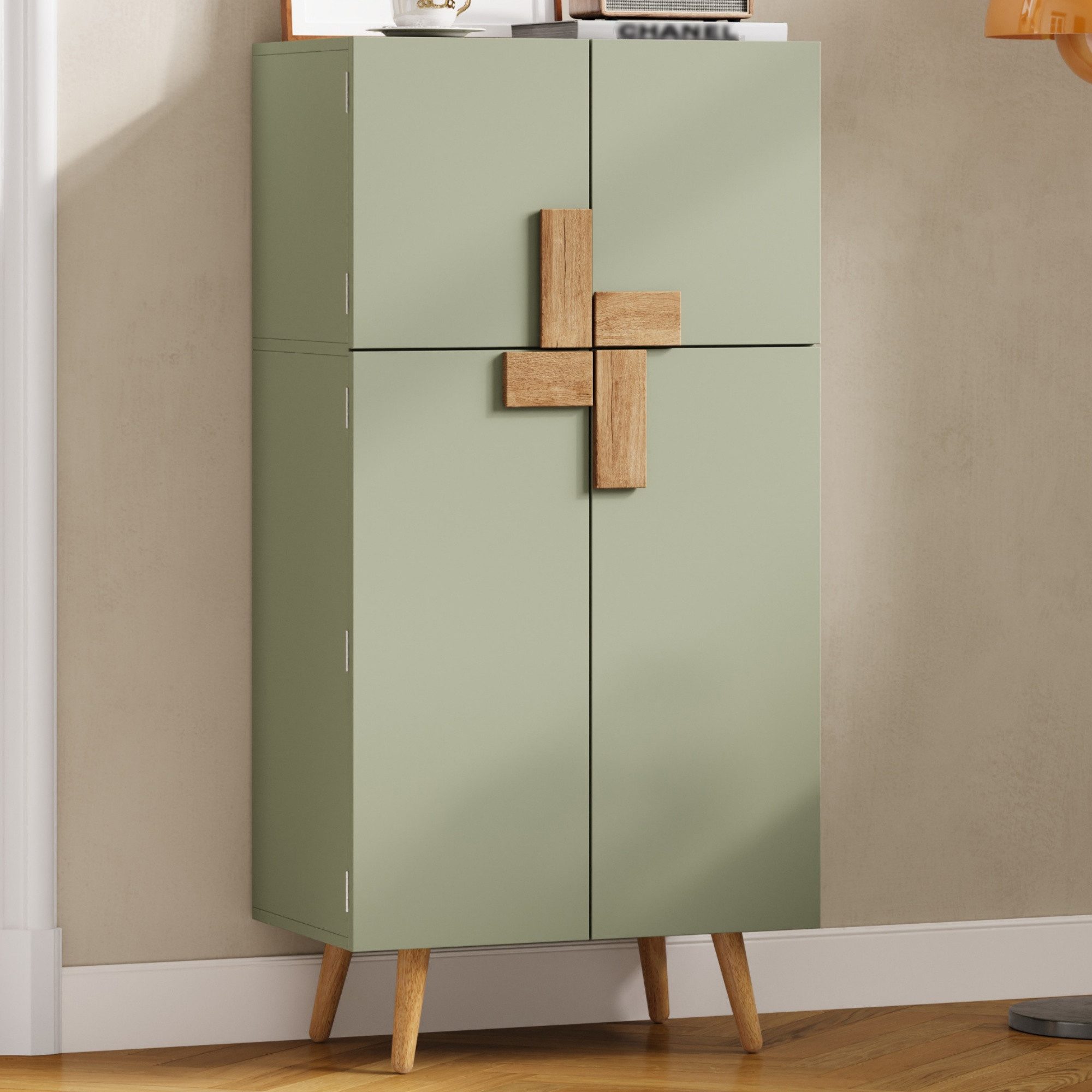 Flieks Hochschrank Küchenschrank mit 4 Türen, Türablagen und verstellbaren Einlegeböden (B60xT35xH120 cm, 1-St) Mehrzweckschrank Vorratsschrank Multifunktionsschrank Highboard Grün