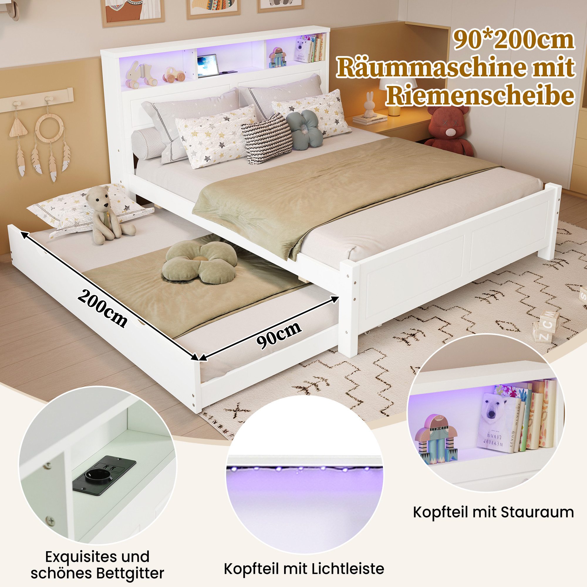 REDOM Holzbett mit Ausziehbett, Ladebuchse & LED-Umgebungslicht (Kinderbett, Familien-Spleißbett, Kopfteil-Aufbewahrung, 120x200 & 90x190 cm, für Gäste und Kinderzimmer), ohne Matratze