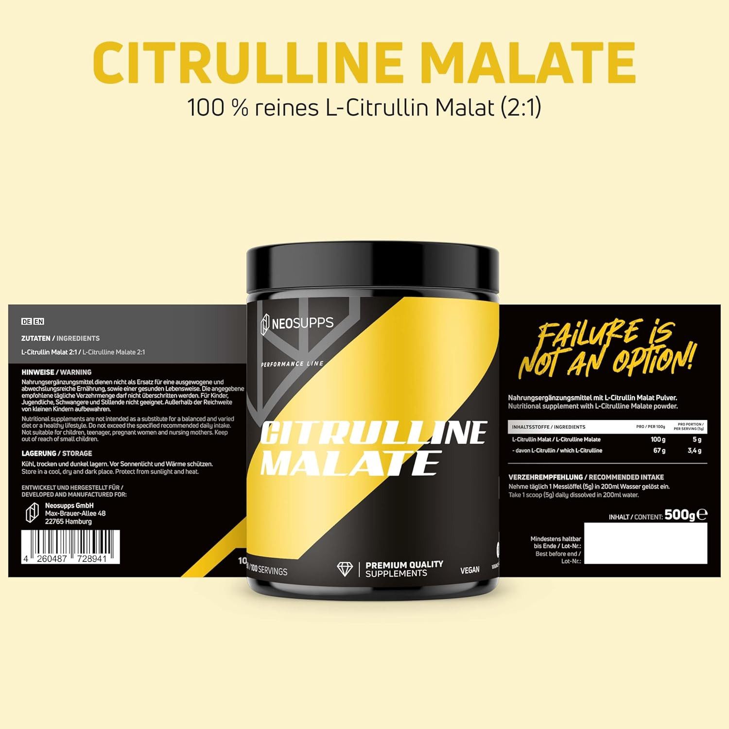 Neosupps L-Citrullin Malat 2:1 Pulver 500g, Aminosäure Pre Workout, Vegan Pulver, 500 g, Supplement ohne Zusatzstoffe, Geschmacksneutral & gut löslich