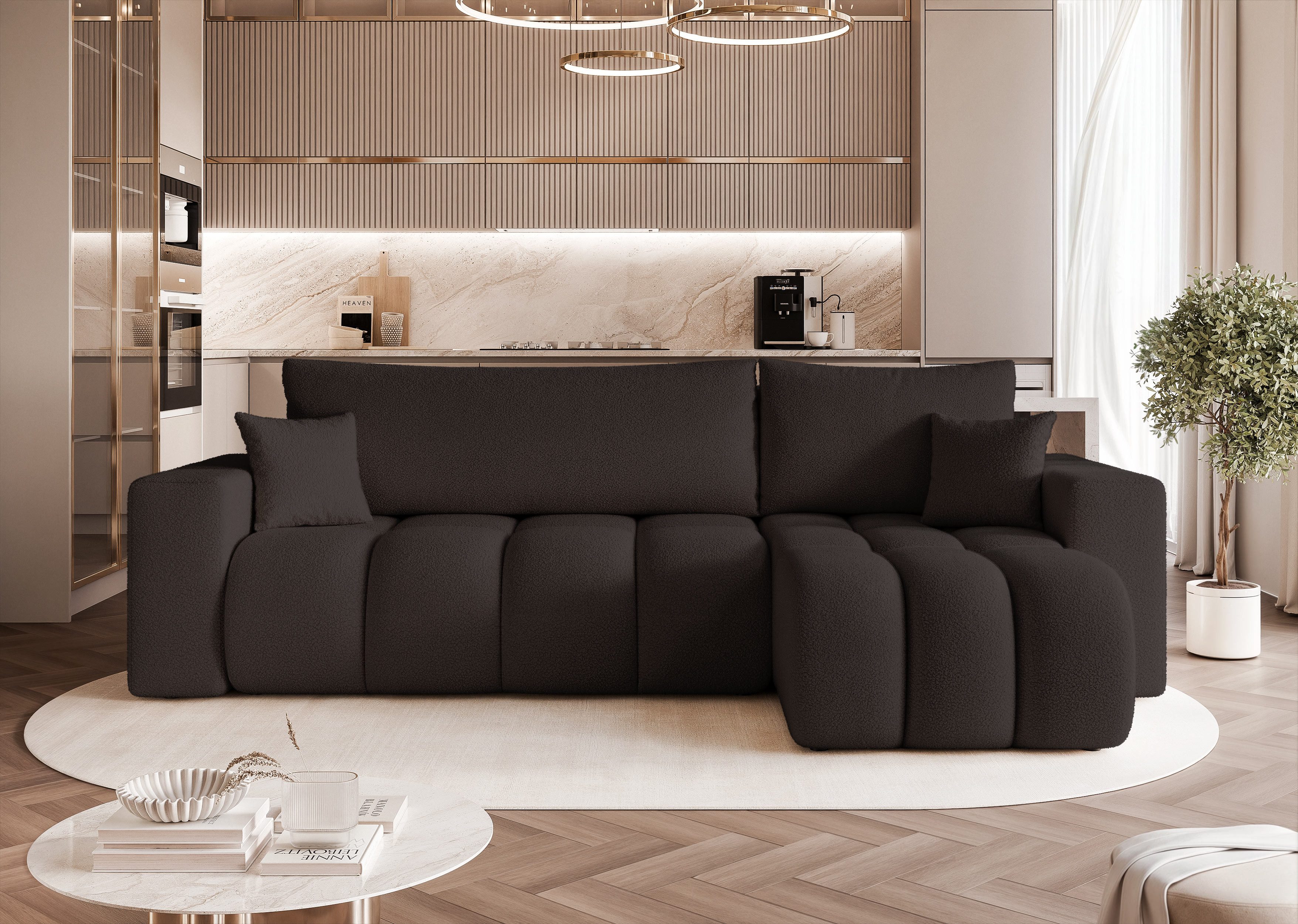 yourhouse24 Ecksofa OLI L (248 cm) – Tiefe Steppung, Trend-Bouclé & Schlaffunktion, Seite universal