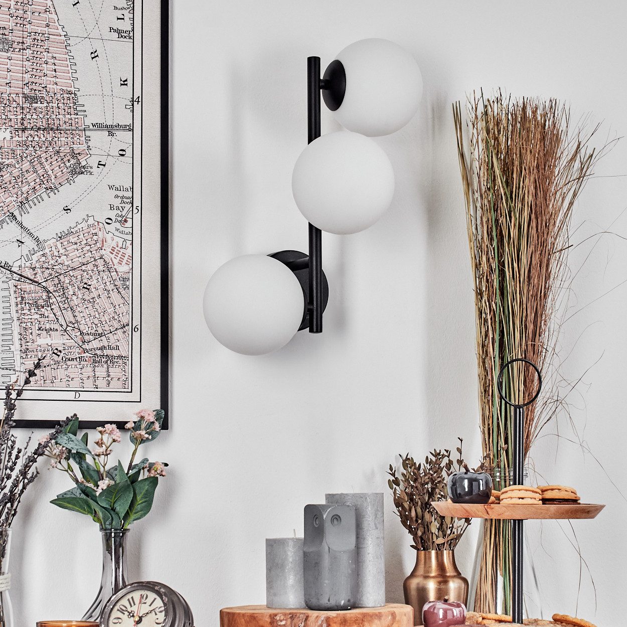 hofstein Wandleuchte Wandlampe aus Metall/Glas in Schwarz/Milchglas/Weiß, ohne Leuchtmittel, moderne Wandleuchte im Retro/Vintage-Design (Schirme 12 cm), G9