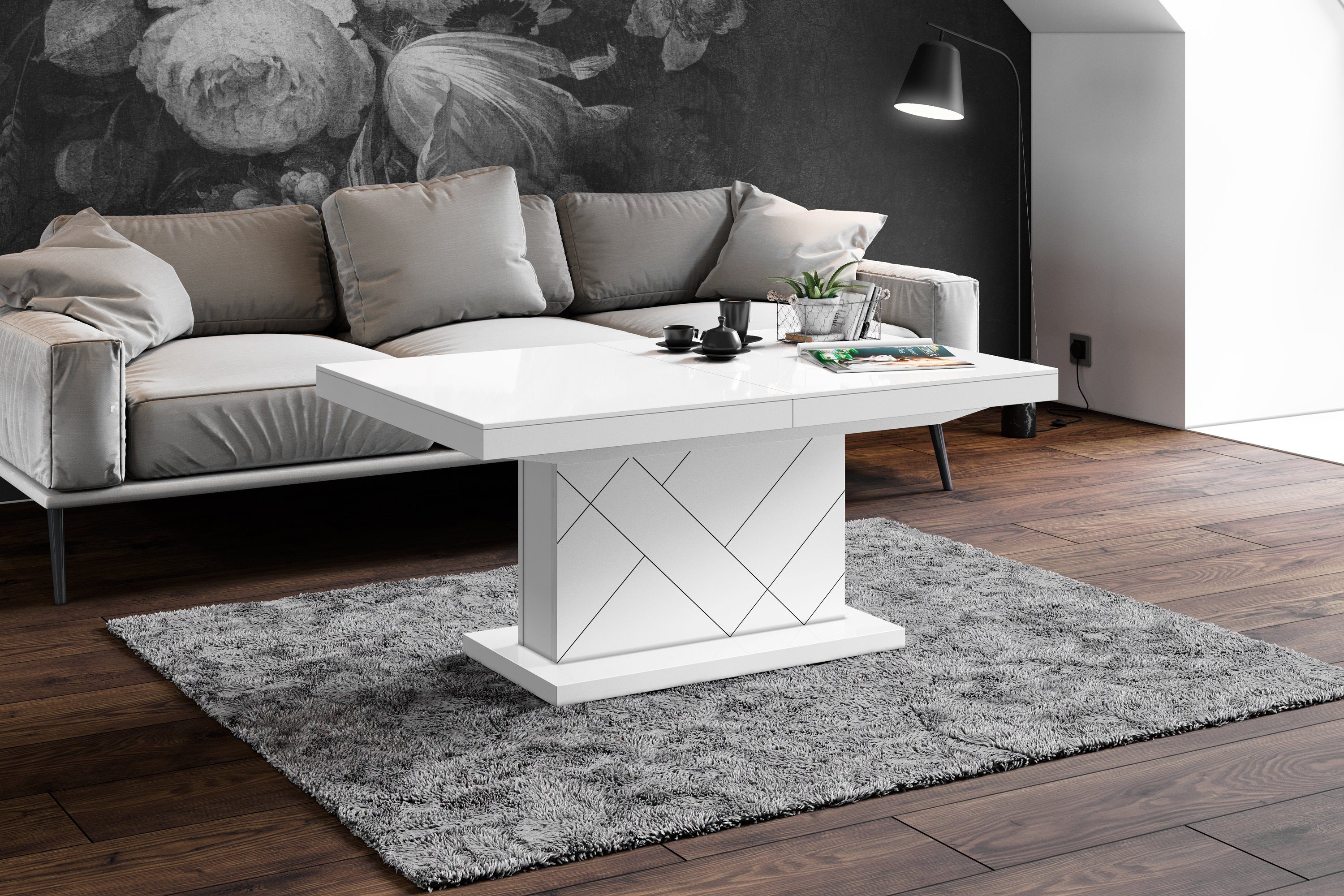 designimpex Couchtisch Design Tisch HM-333 Weiß Hochglanz höhenverstellbar ausziehbar