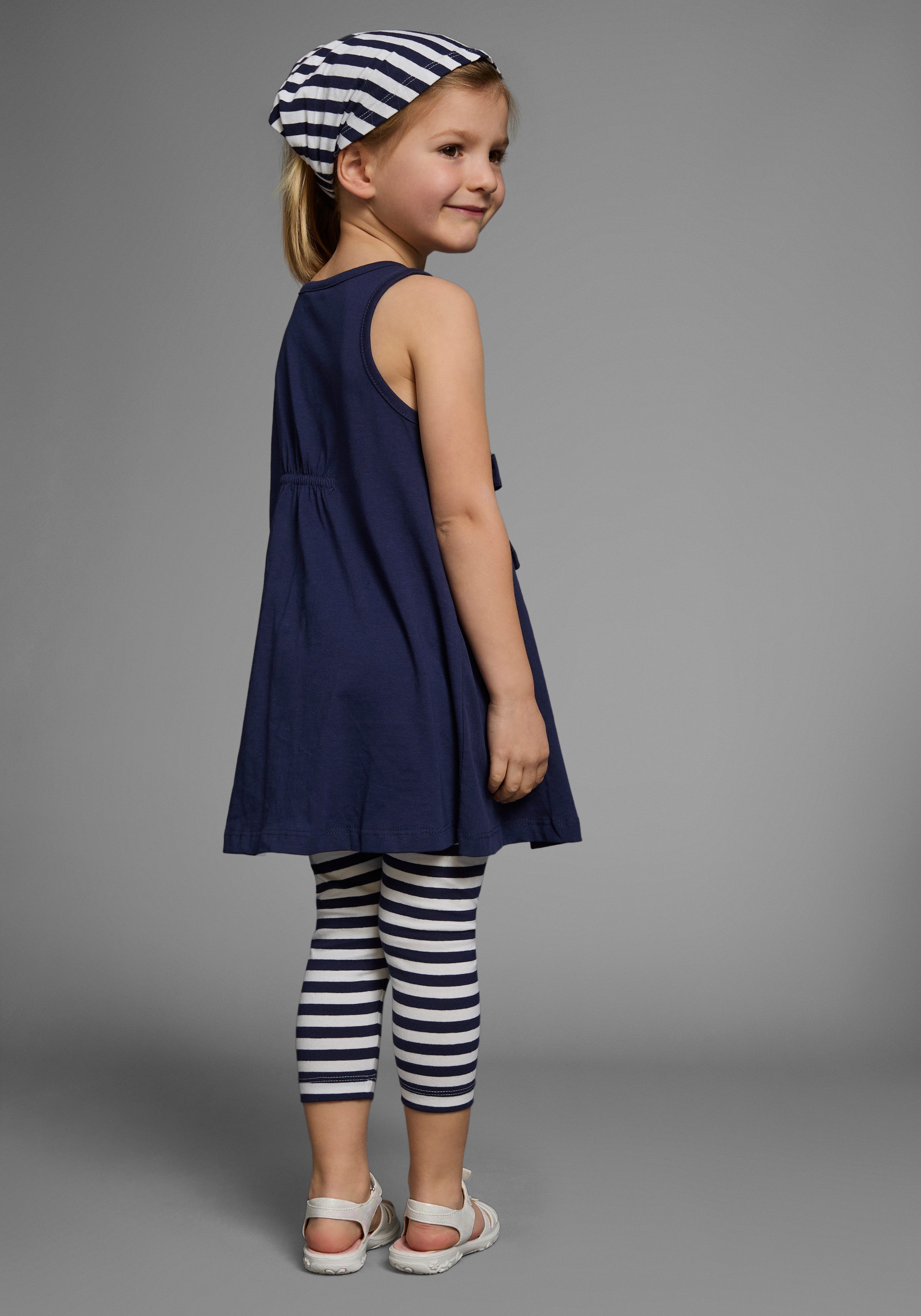 KIDSWORLD Kleid, Leggings & Haarband 3tlg. Set: Kleid, Capri und Haarband geringelt (Set, 3-tlg., 3) Capri und Haarband maritim geringelt