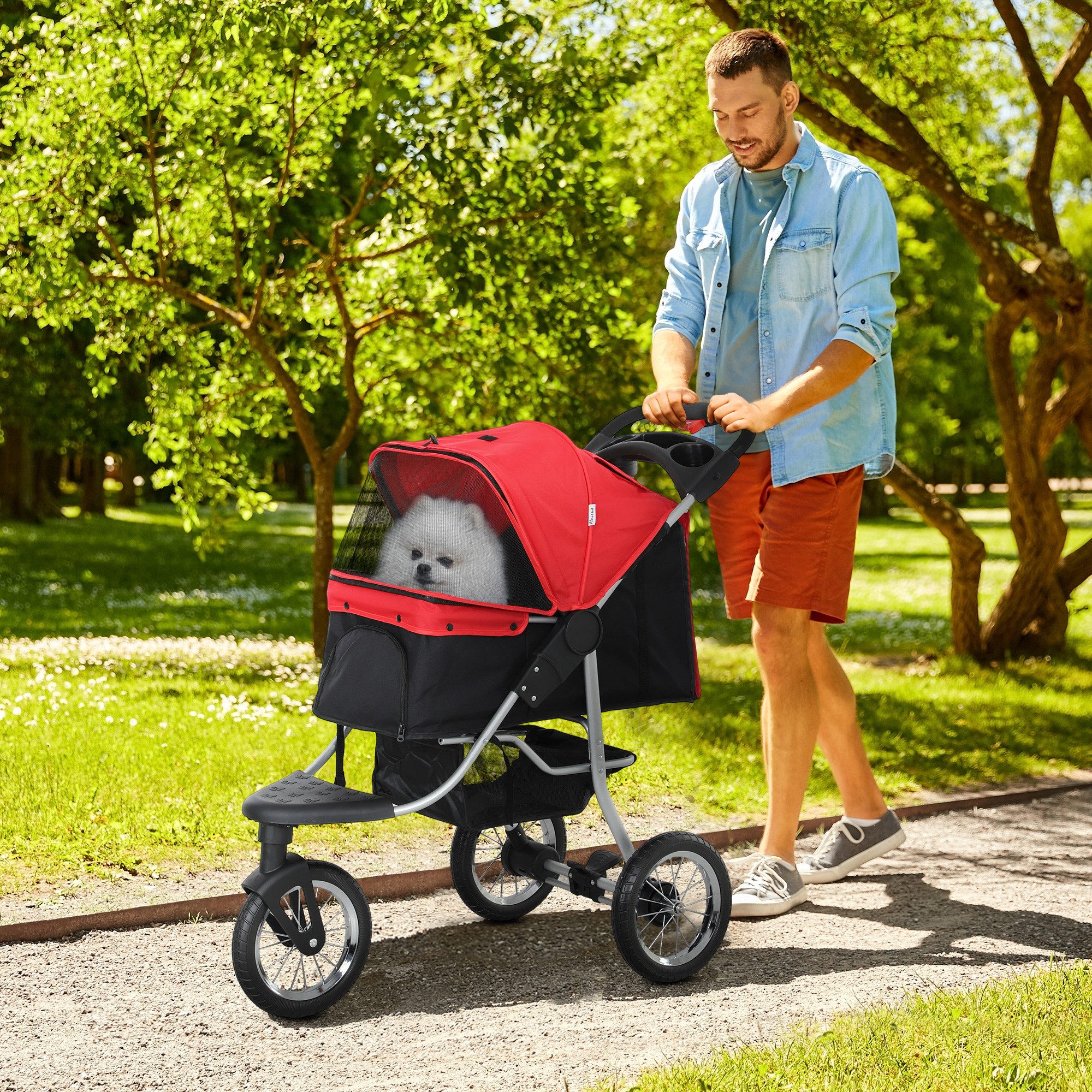 PawHut Hundebuggy Katzenbuggy mit Netzfenstern Getränkbehalter Katzenwagen, (klappbar Hundewagen, 1-tlg), für Hunde & Katzen bis 10 kg, Rot
