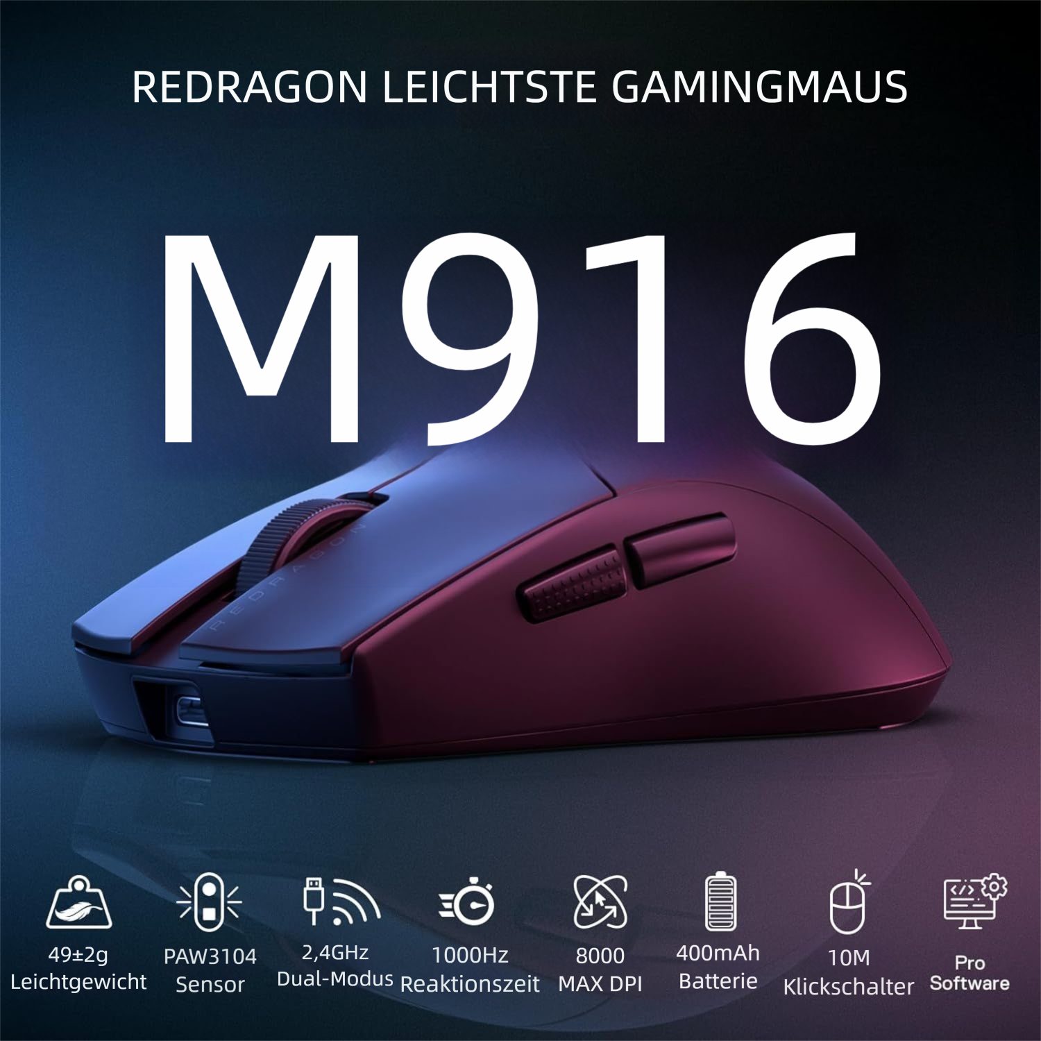 Redragon 2,4 GHz/Kabelgebunden, M916 Elite Gaming-Maus (2,4 GHz Wireless & USB-C Kabelgebunden, 49g Leichtgewicht, 8000 DPI, PAW3104 Sensor)